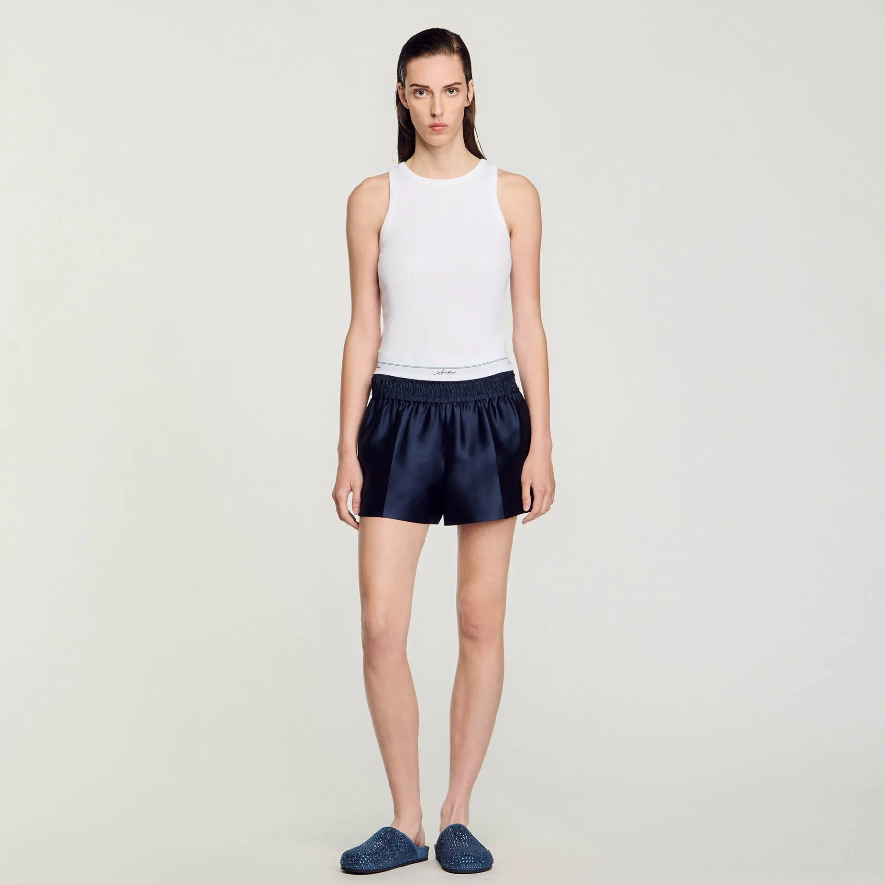 Shop SANDRO Short Effet 2 En 1 En Satin Bleu Nuit
