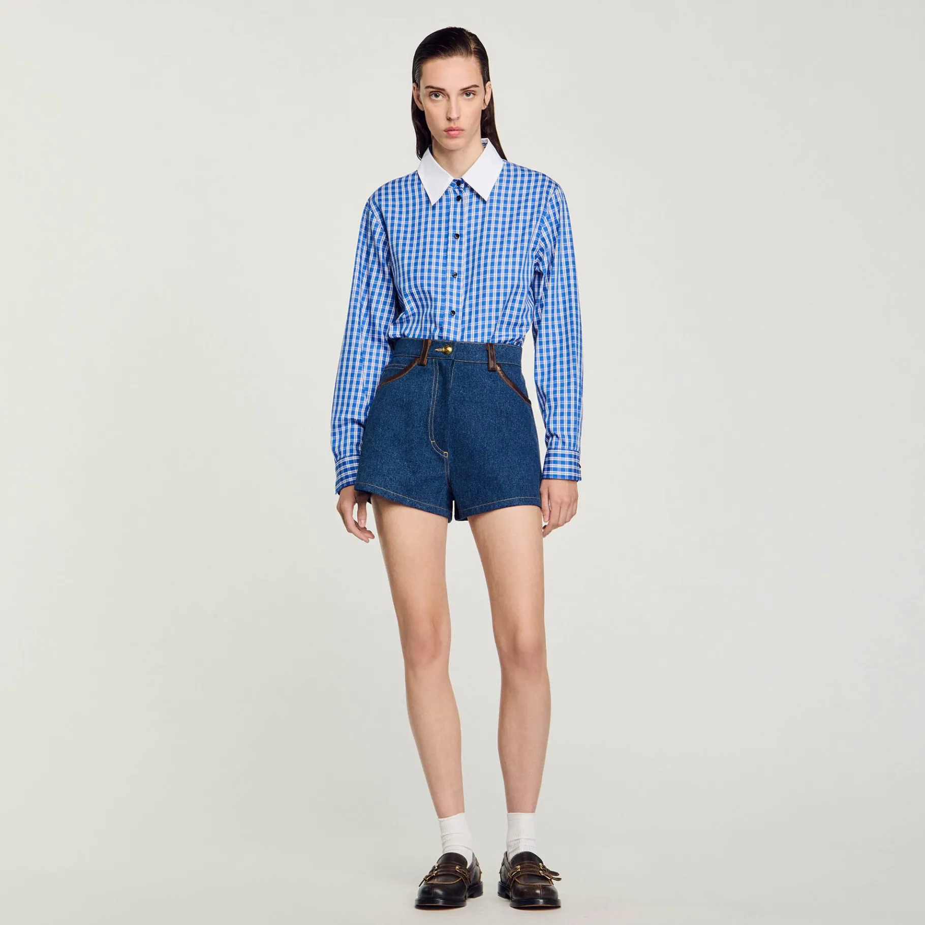Online SANDRO Short En Jean Détails En Cuir Bleu