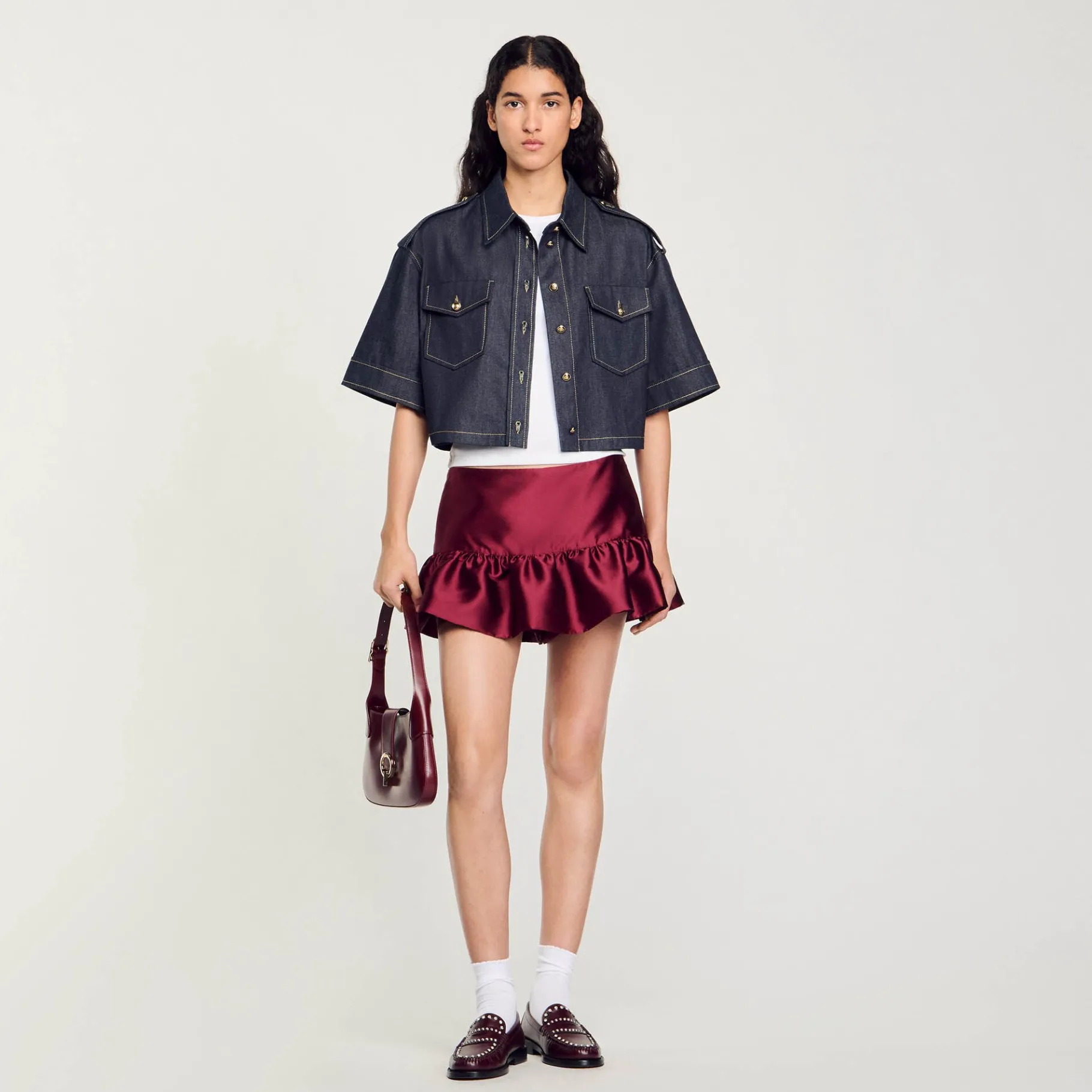 Hot SANDRO Short Jupe En Satin Bordeaux
