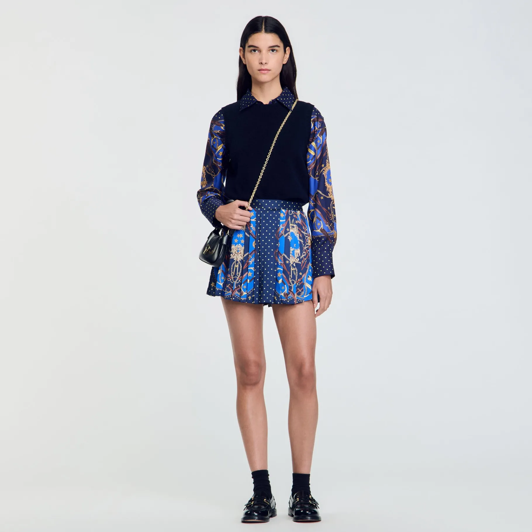 Outlet SANDRO Short Jupe En Soie Imprimée Marine / Or