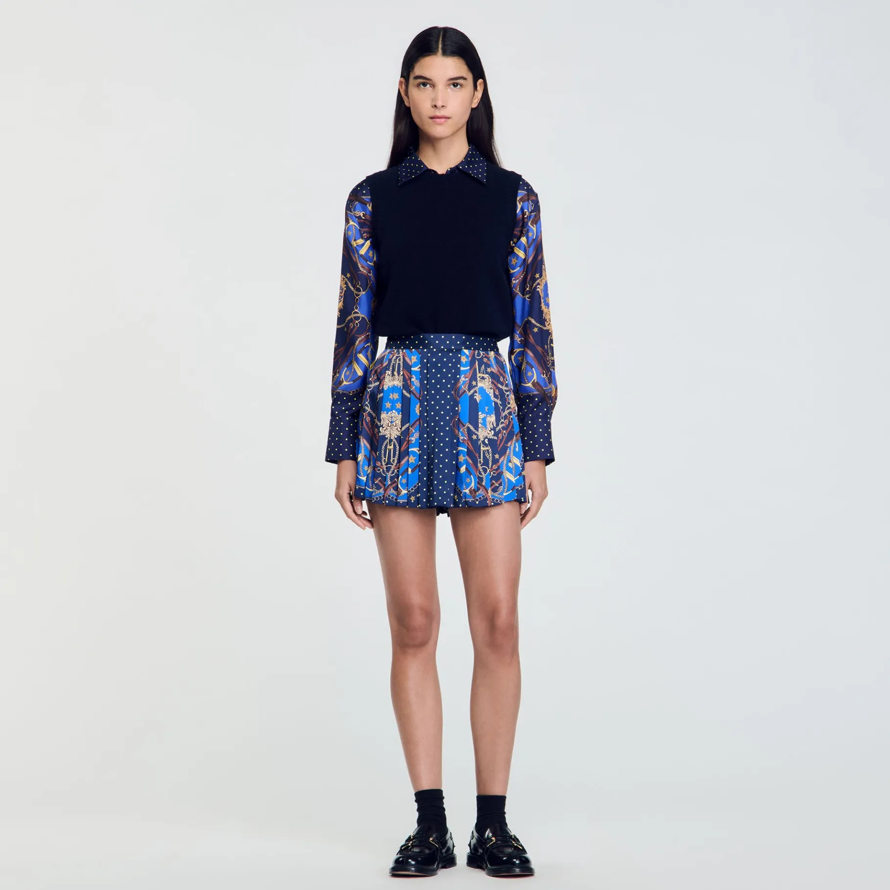 Outlet SANDRO Short Jupe En Soie Imprimée Marine / Or