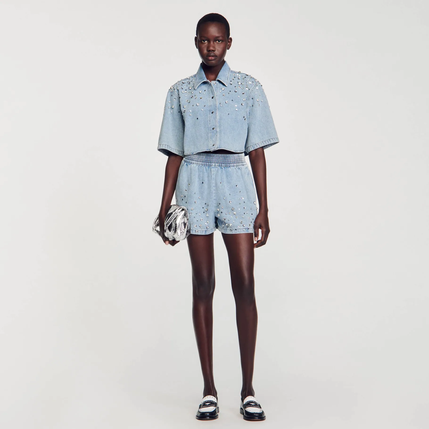 Discount SANDRO Short Large En Denim Orné De Strass Bleu jean clair