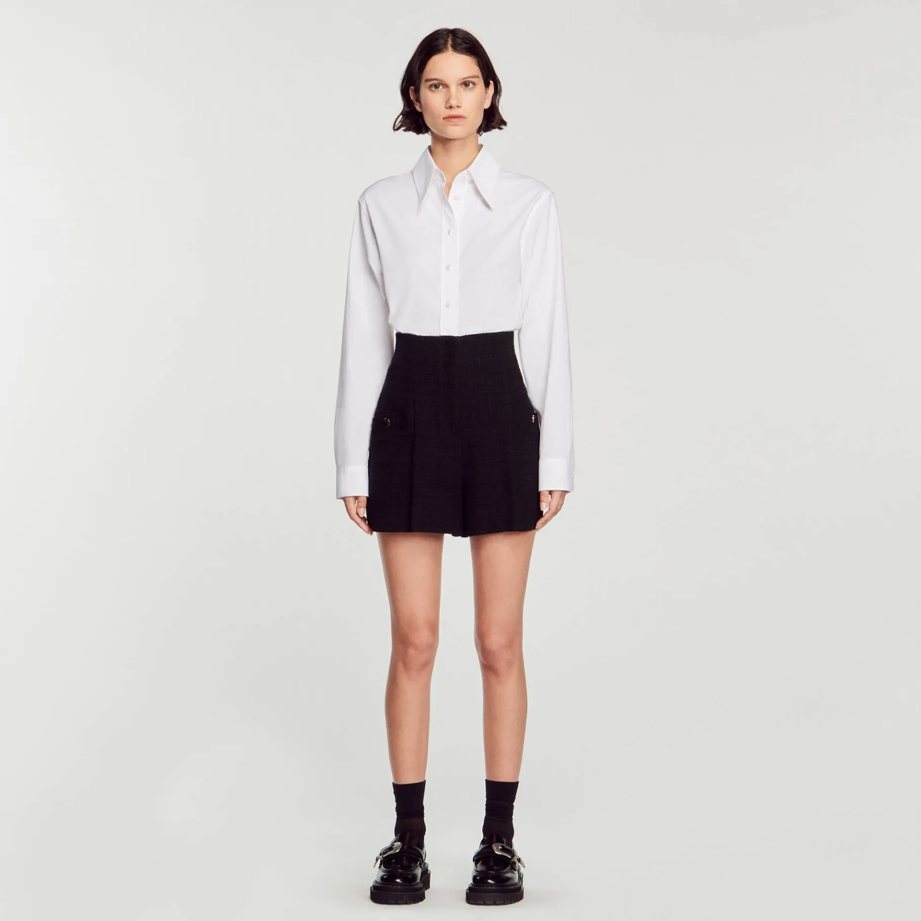 Cheap SANDRO Short Taille Haute En Tweed Noir