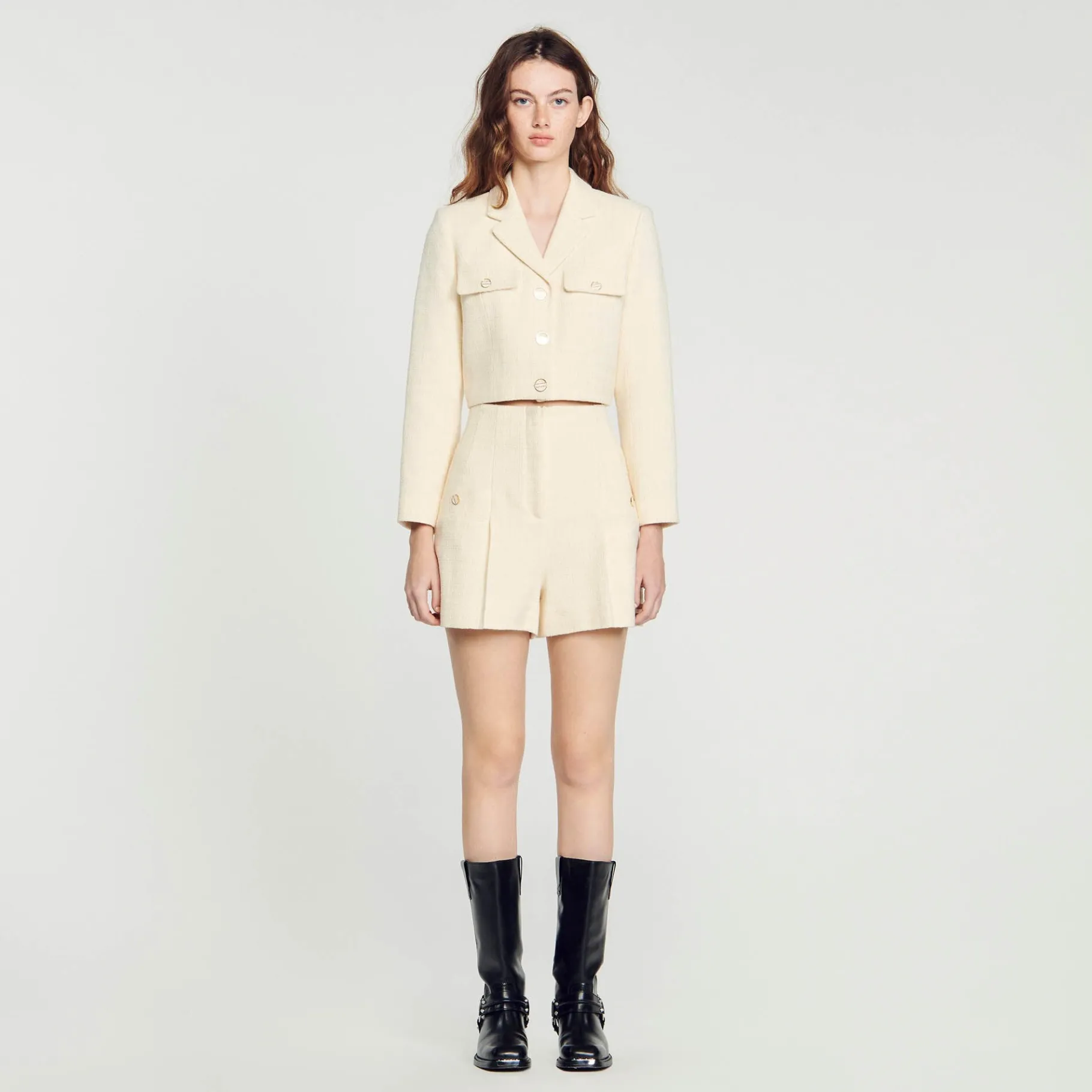 Online SANDRO Short Taille Haute En Tweed Ecru