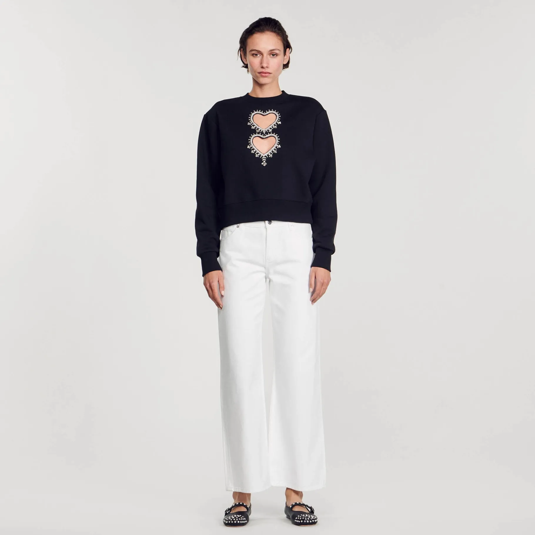 Discount SANDRO Sweatshirt à Cœurs Strassés Noir