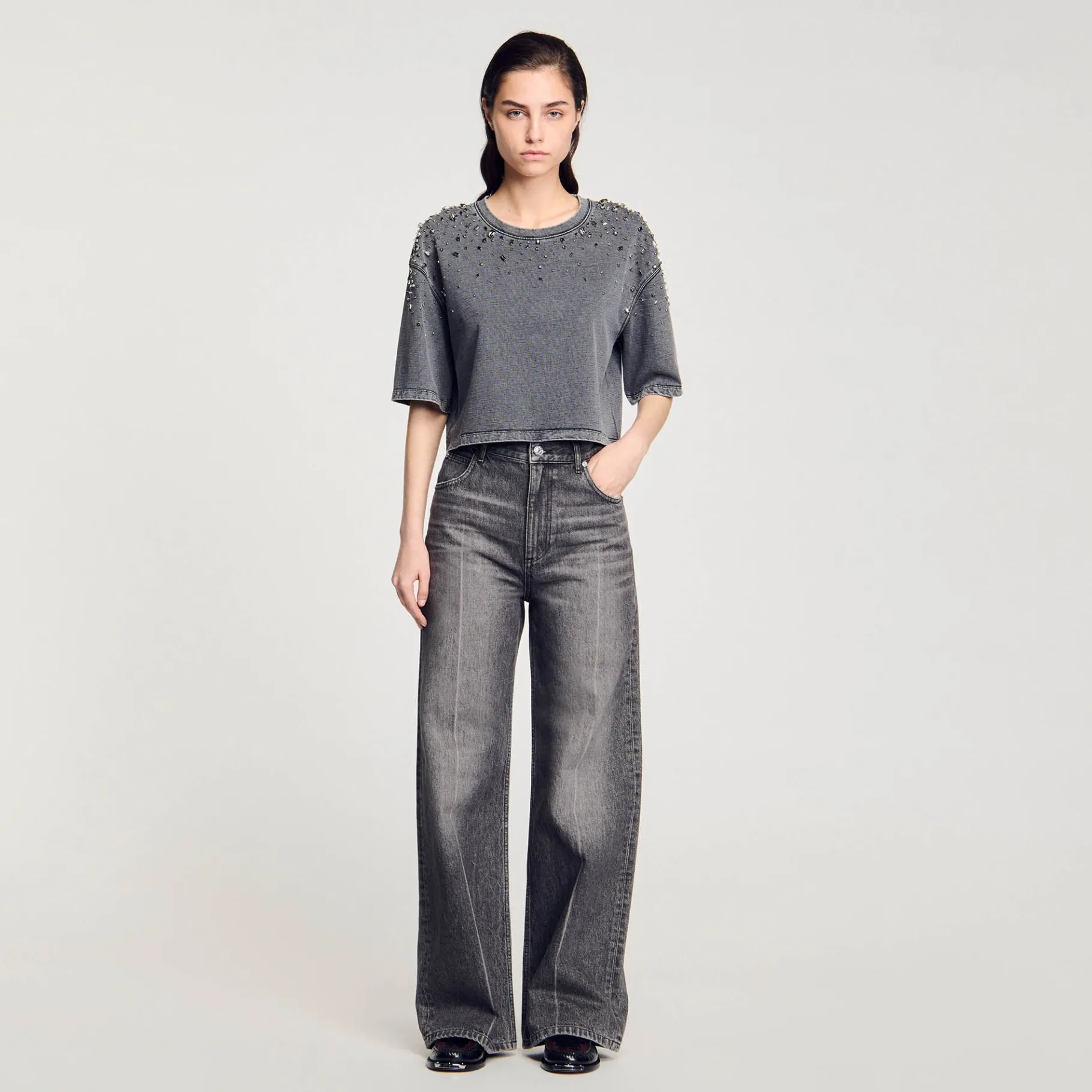 Online SANDRO Tee-shirt Court à Strass Gris