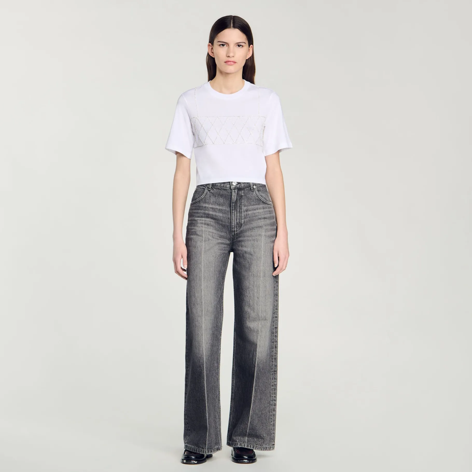 Hot SANDRO Tee-shirt Court Strassé blanc
