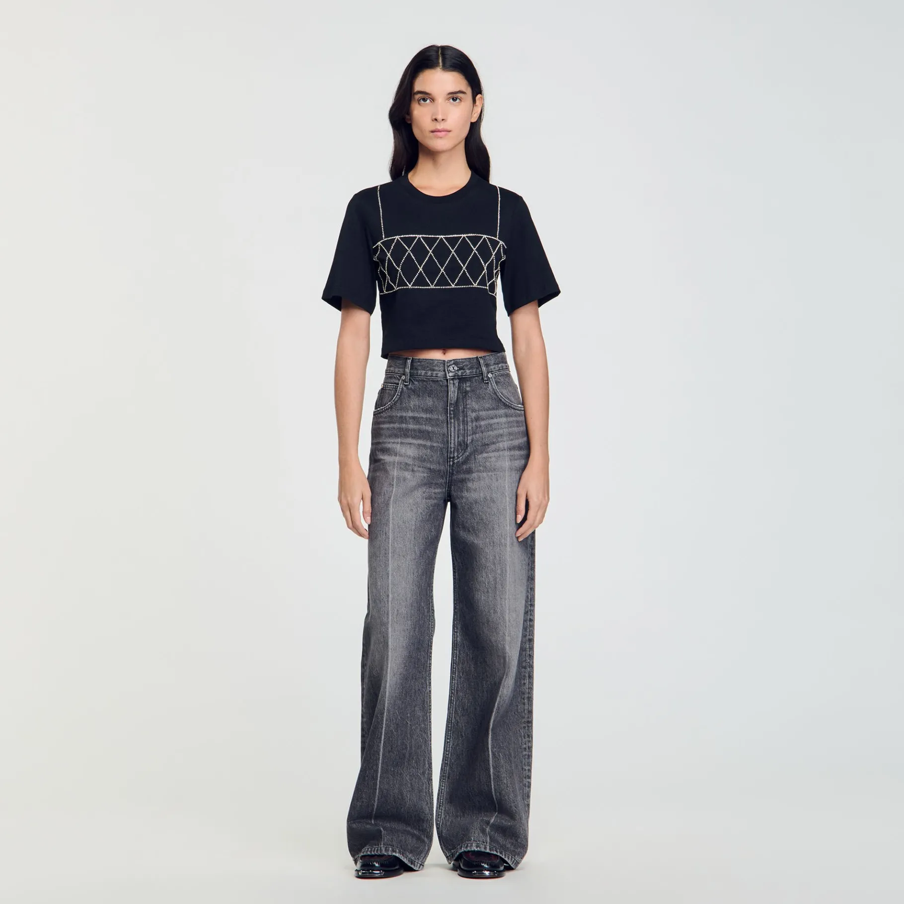 Flash Sale SANDRO Tee-shirt Court Strassé Noir