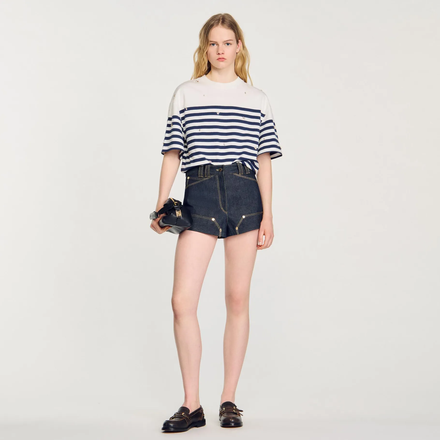 Cheap SANDRO Tee-shirt Marinière à Strass Bleu / Blanc