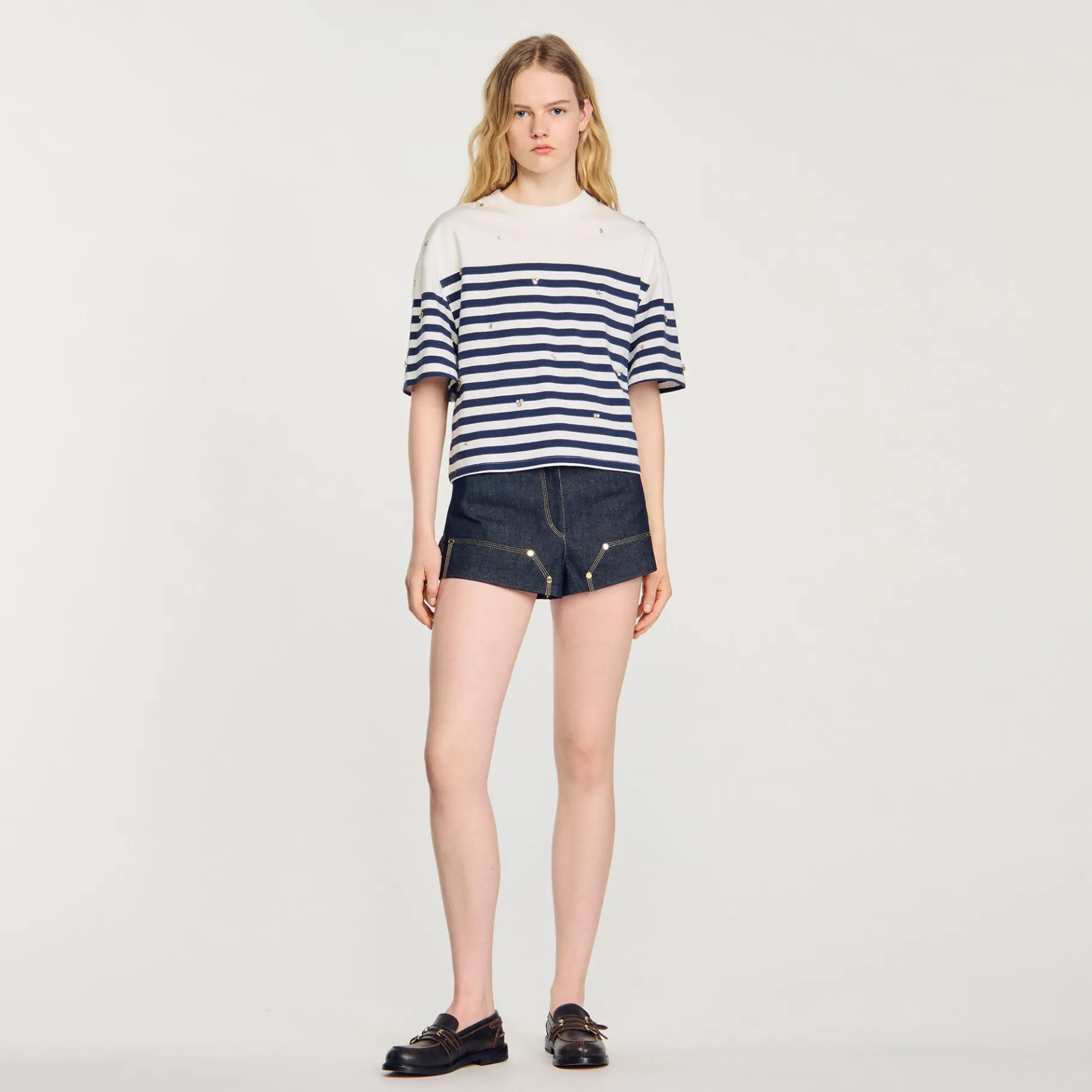 Cheap SANDRO Tee-shirt Marinière à Strass Bleu / Blanc