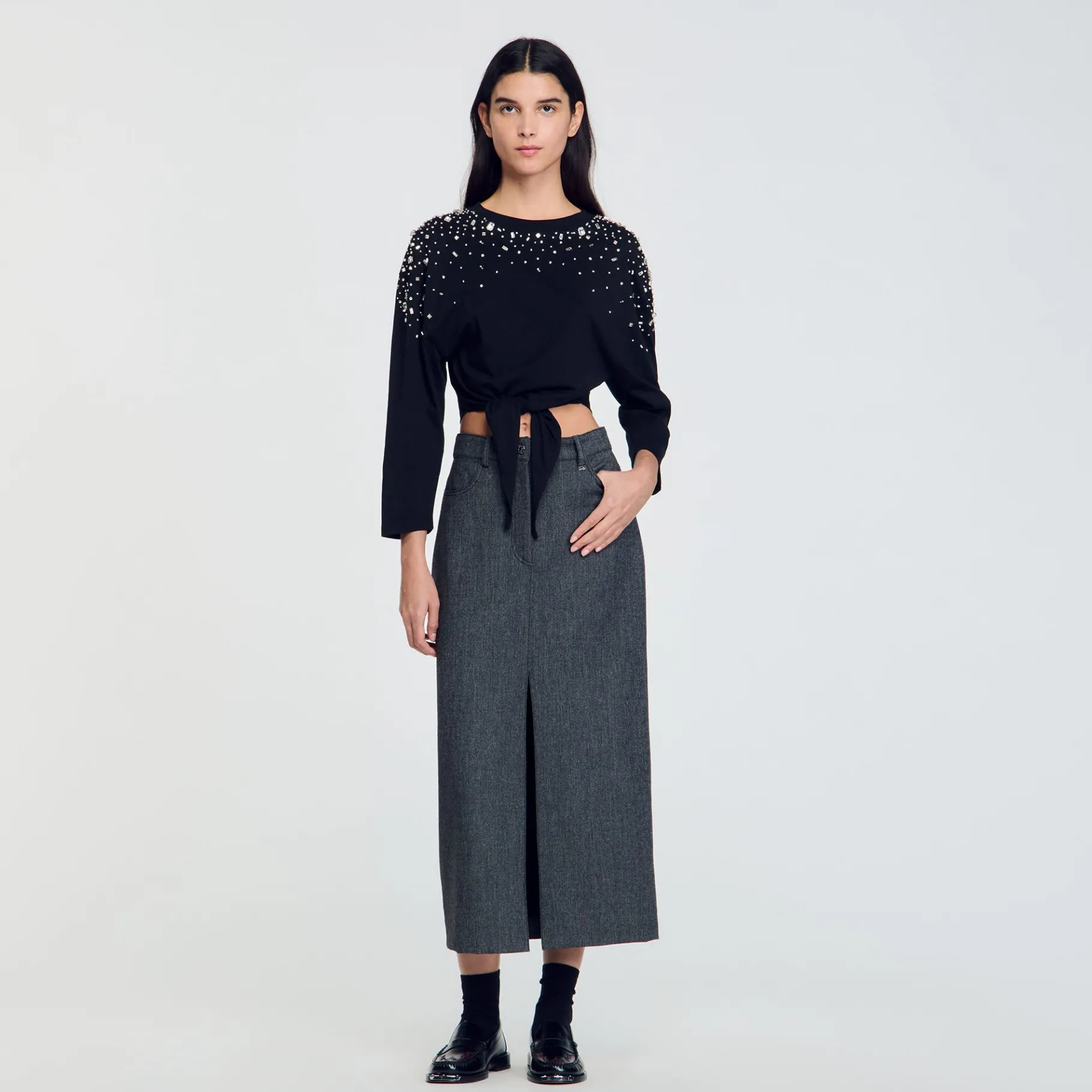 Flash Sale SANDRO Tee-shirt Noué à Strass Noir