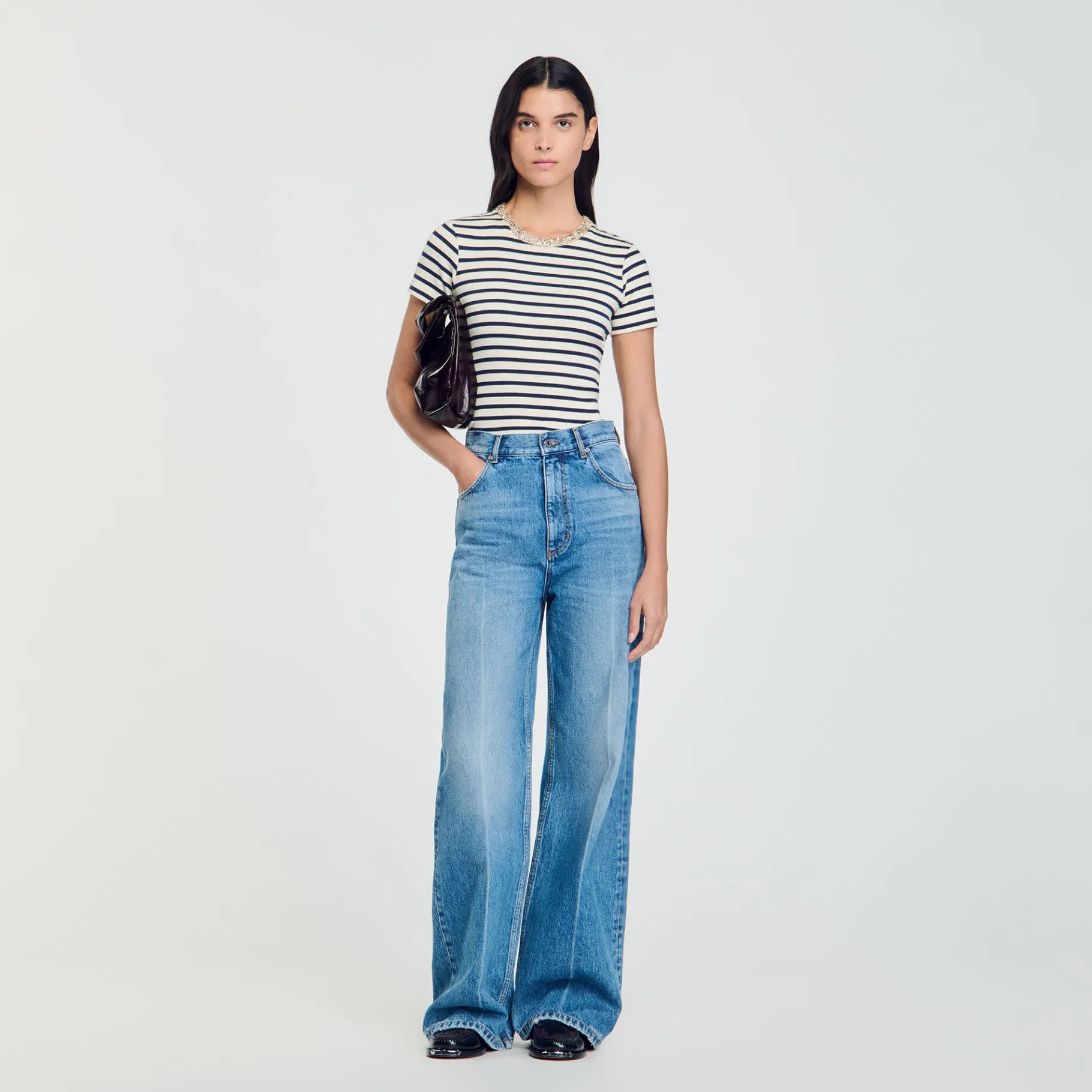 Sale SANDRO Tee-shirt Rayé à Strass Bleu / Blanc