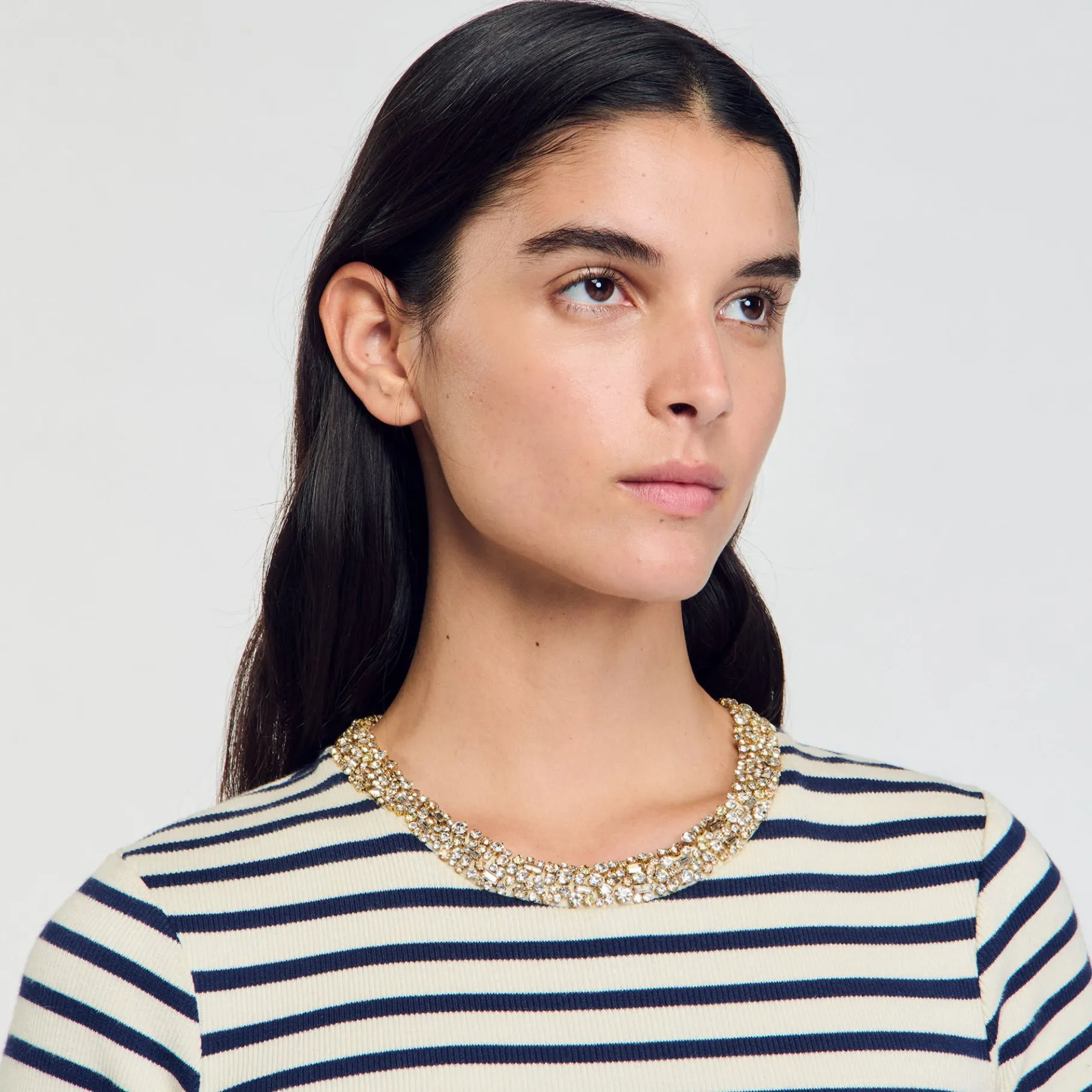 Sale SANDRO Tee-shirt Rayé à Strass Bleu / Blanc