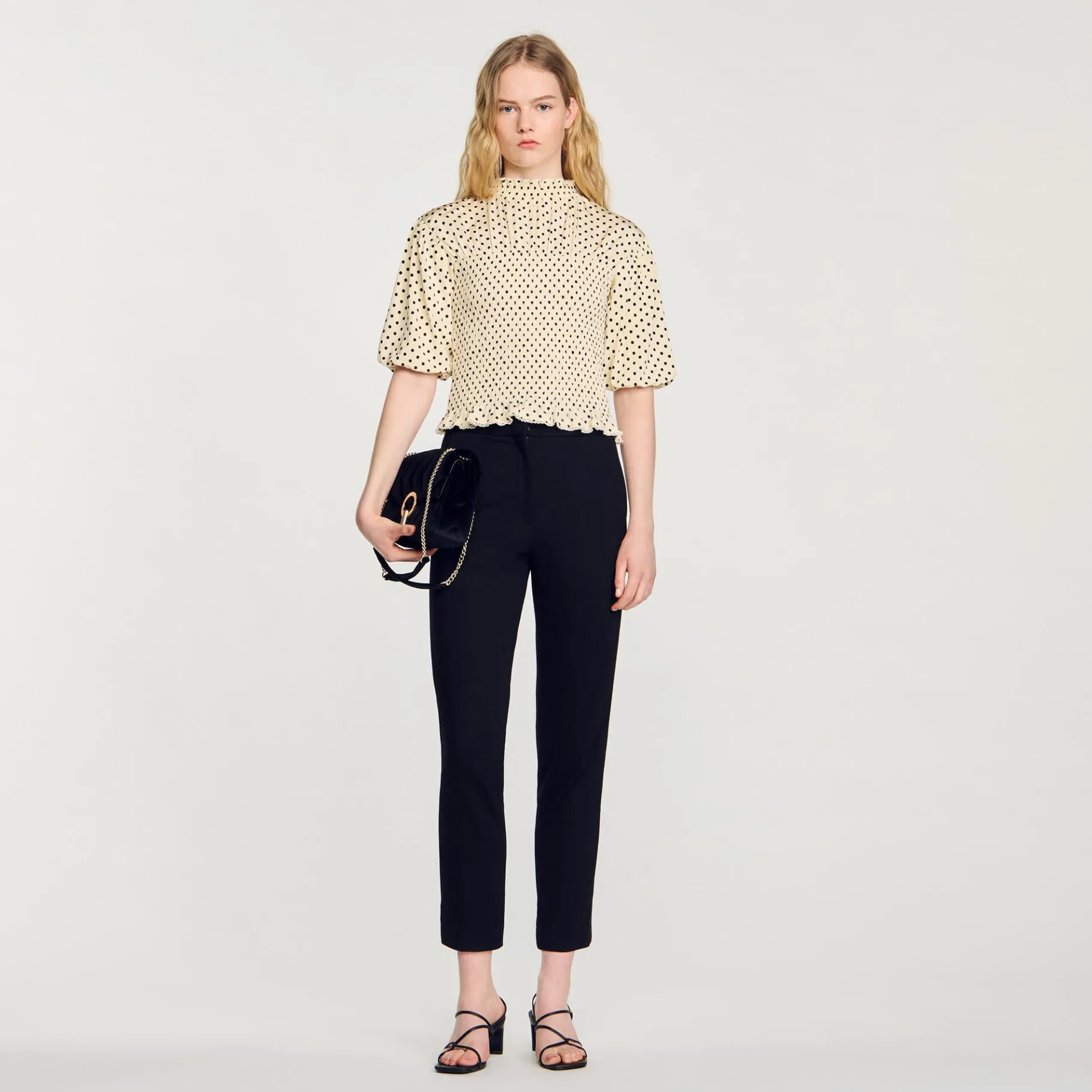 Cheap SANDRO Tee-shirt Smocké à Pois Ecru / Noir