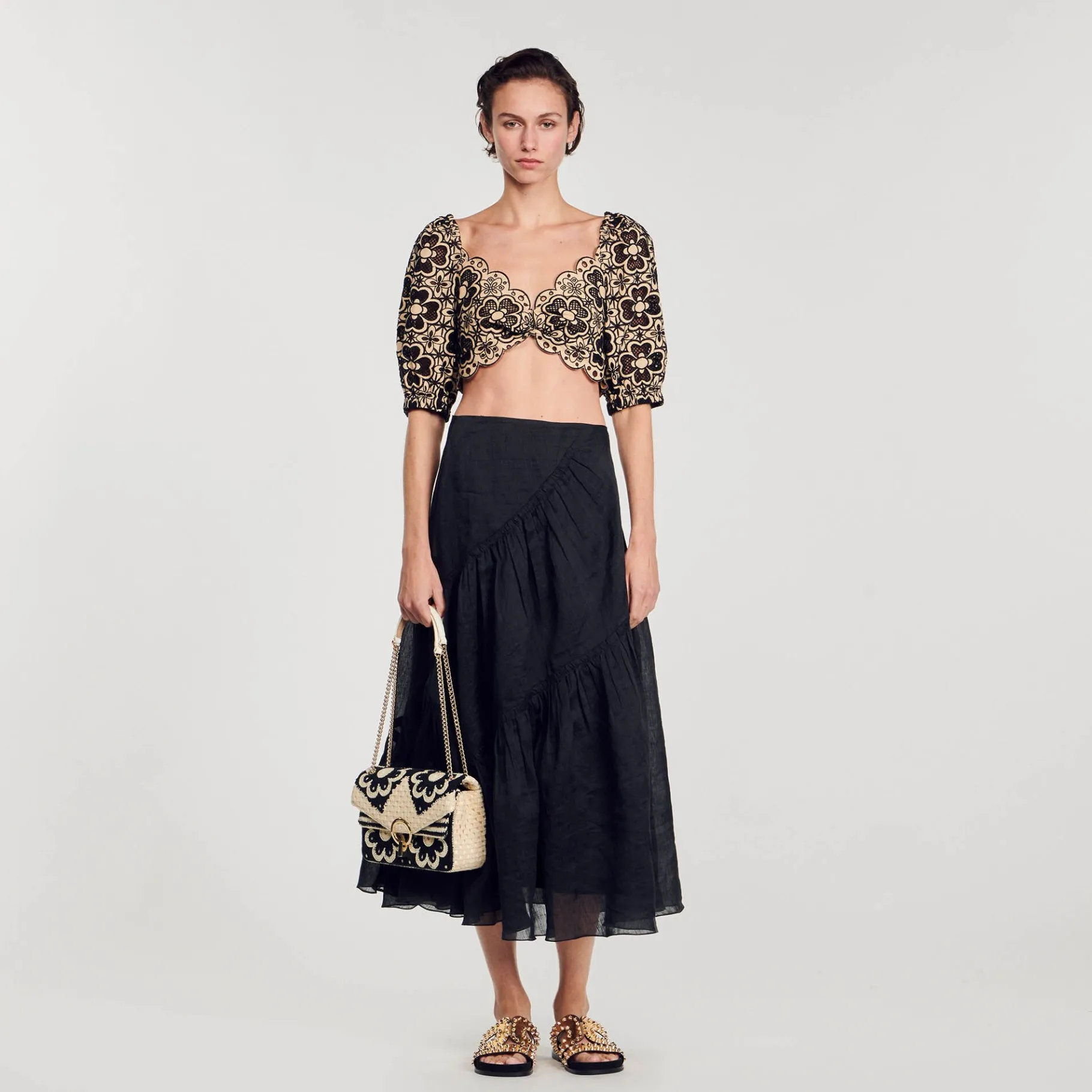 Hot SANDRO Top Court En Broderie Anglaise Beige / Noir