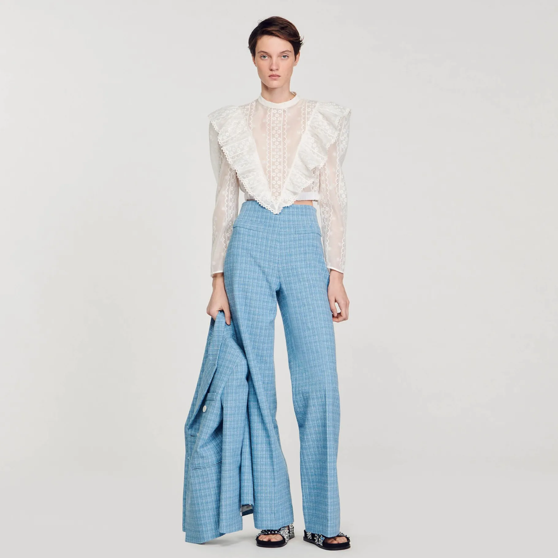 New SANDRO Top Court En Broderie Anglaise blanc