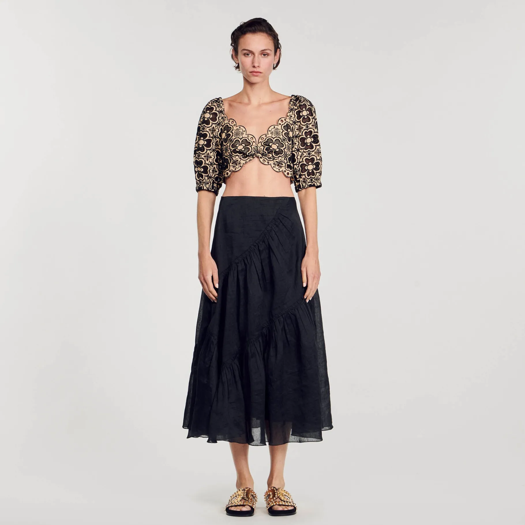 Hot SANDRO Top Court En Broderie Anglaise Beige / Noir