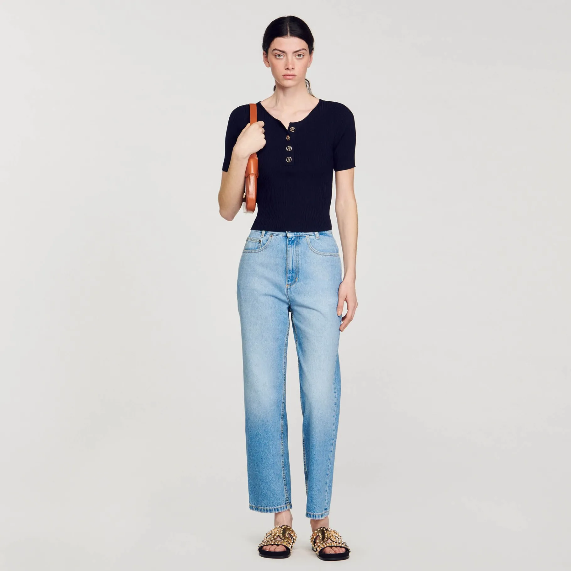 Outlet SANDRO Top Court En Maille Bleu marine