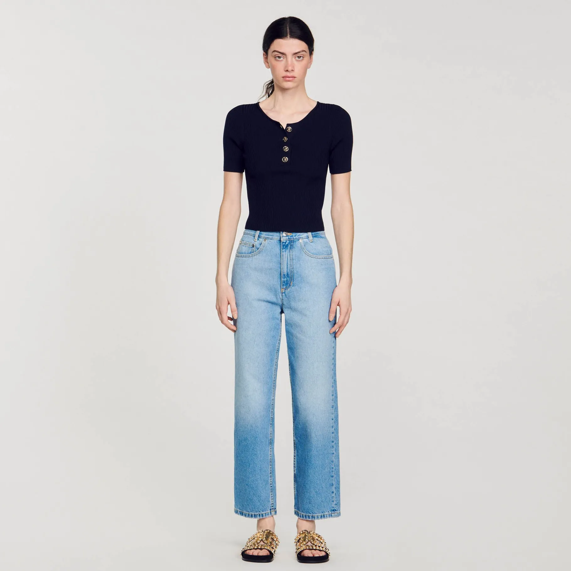 Outlet SANDRO Top Court En Maille Bleu marine
