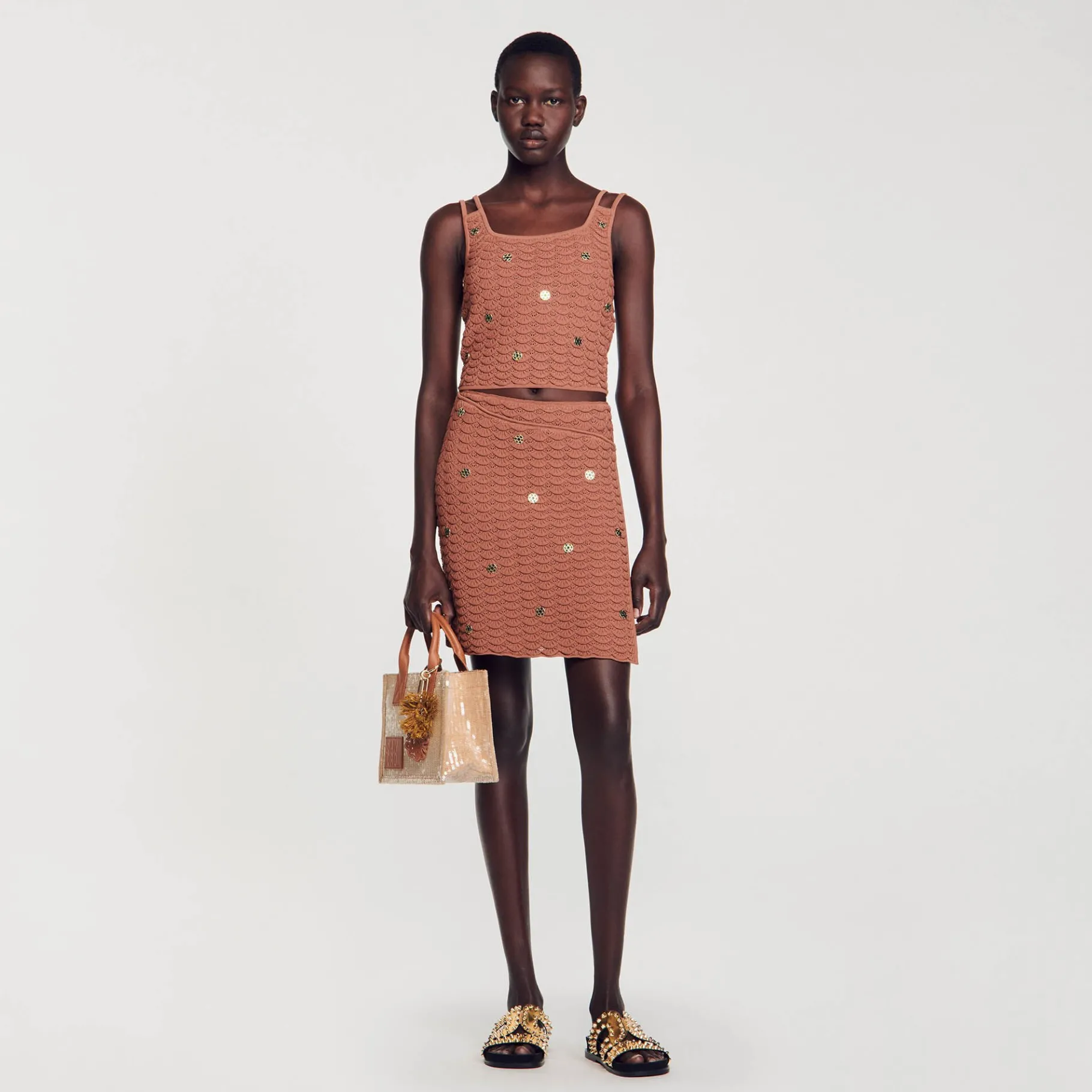 Discount SANDRO Top Court En Maille à Pièces Marron