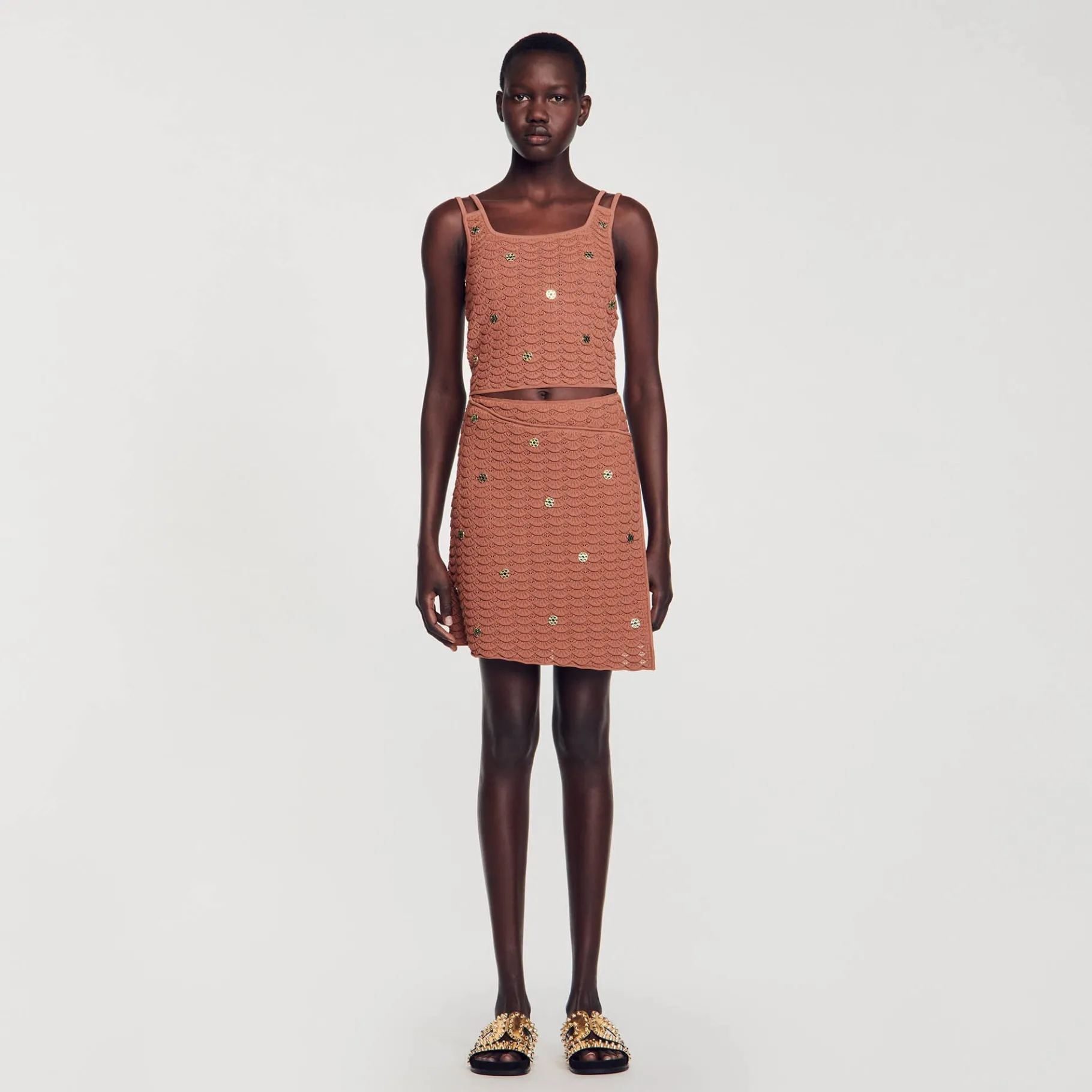 Discount SANDRO Top Court En Maille à Pièces Marron