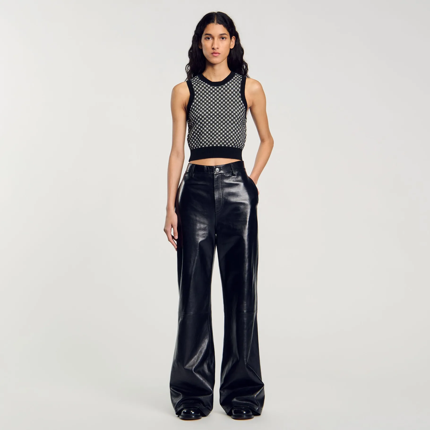 Shop SANDRO Top En Maille à Carreaux Noir