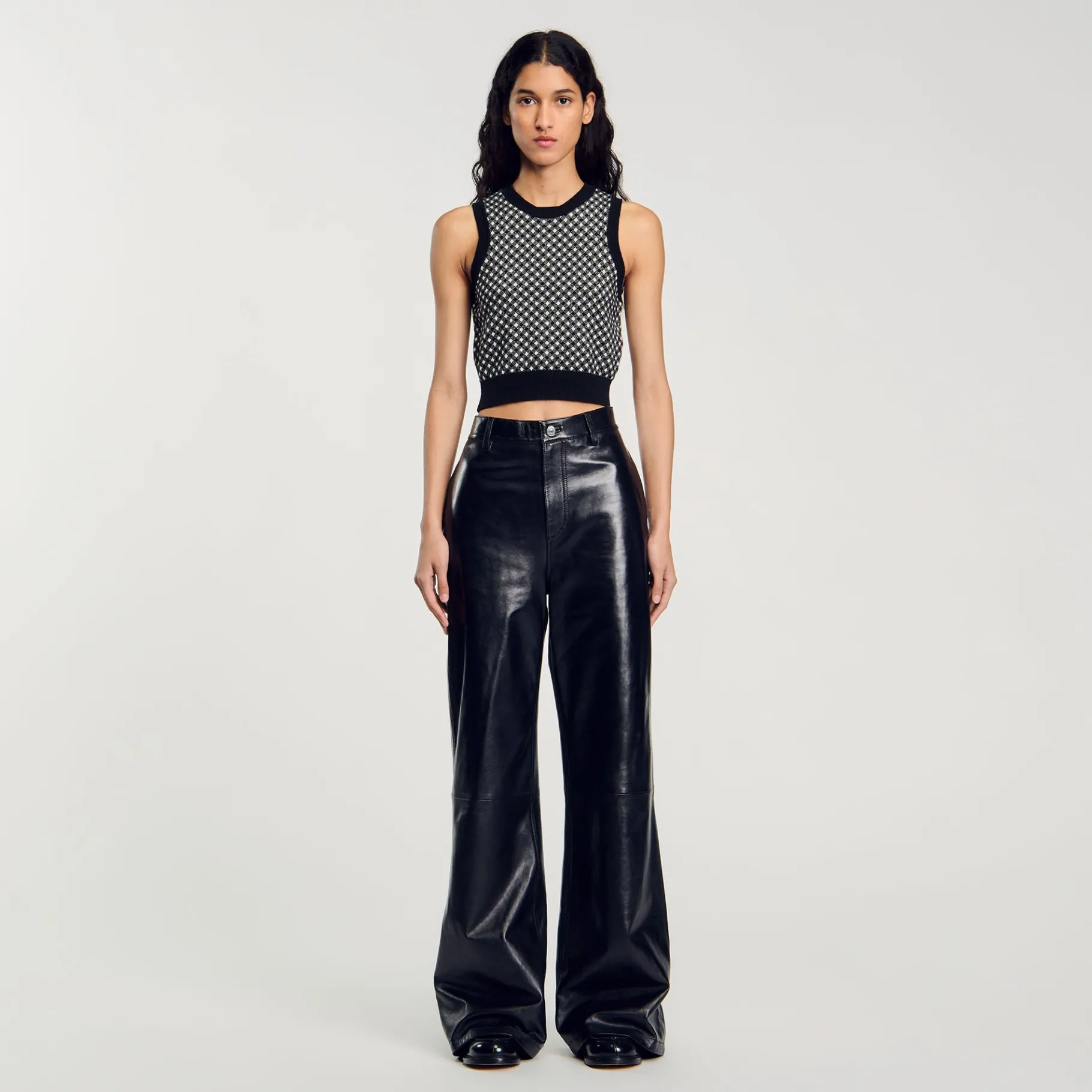 Shop SANDRO Top En Maille à Carreaux Noir
