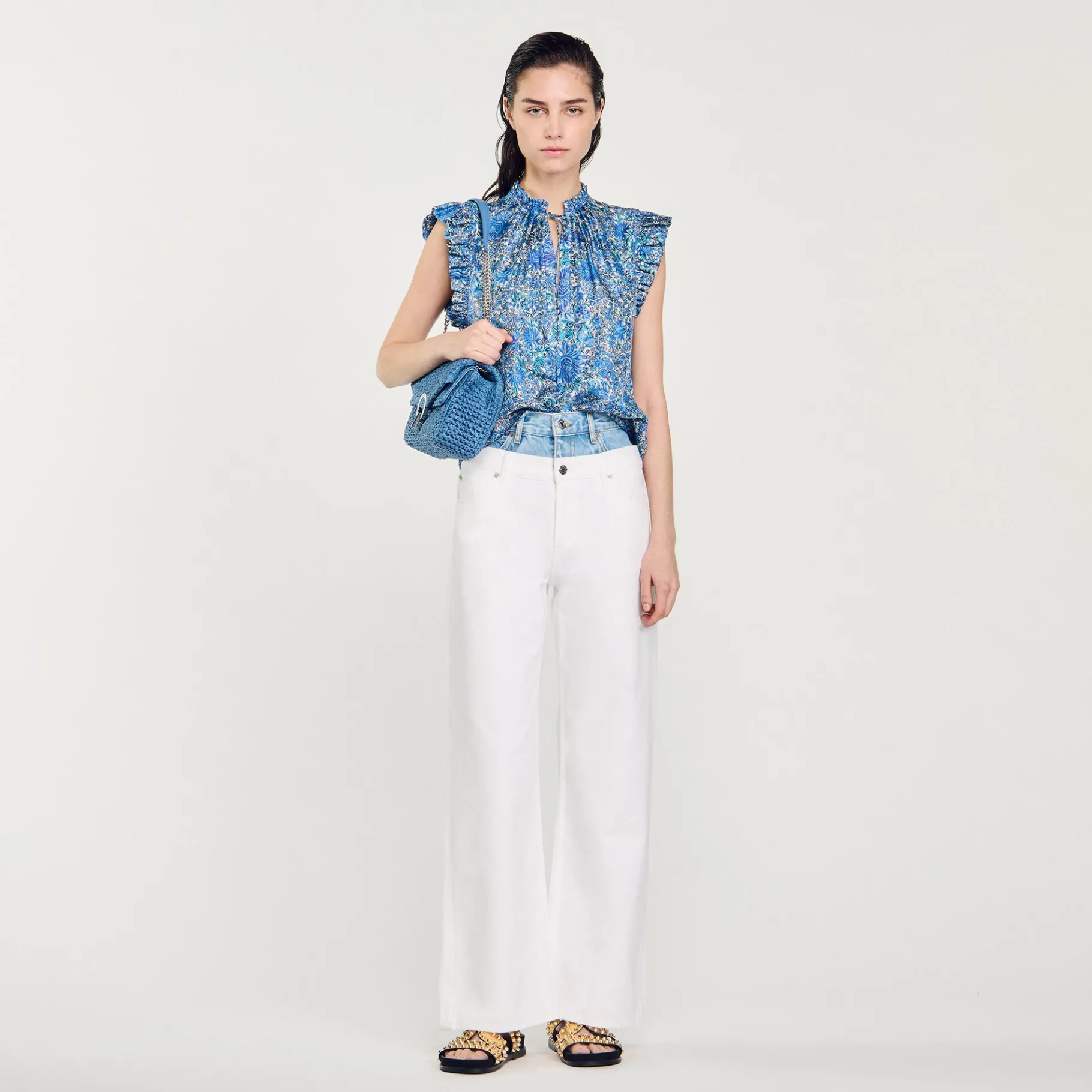 Clearance SANDRO Top Imprimé En Soie Bleu / Blanc