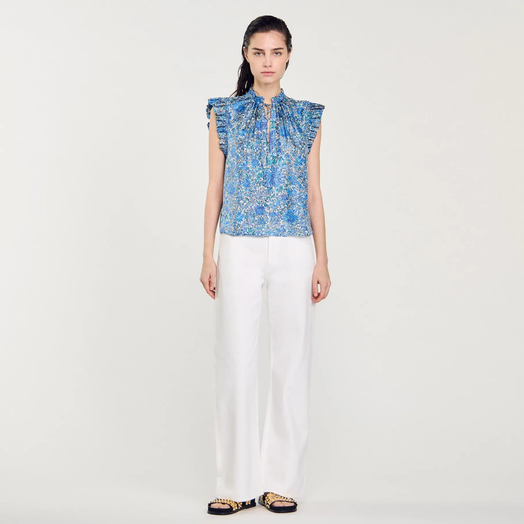 Clearance SANDRO Top Imprimé En Soie Bleu / Blanc