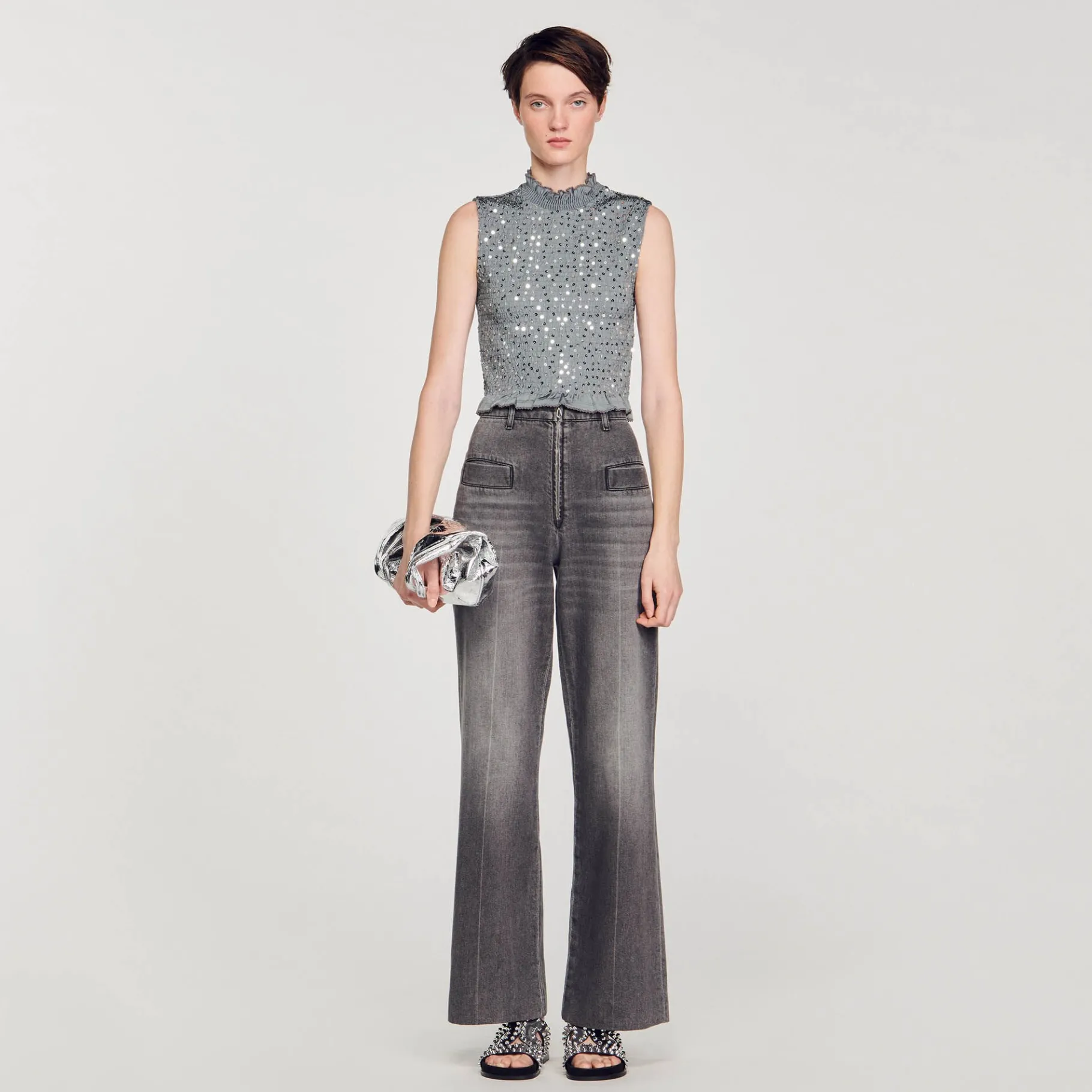 Shop SANDRO Top Smocké à Sequins Gris