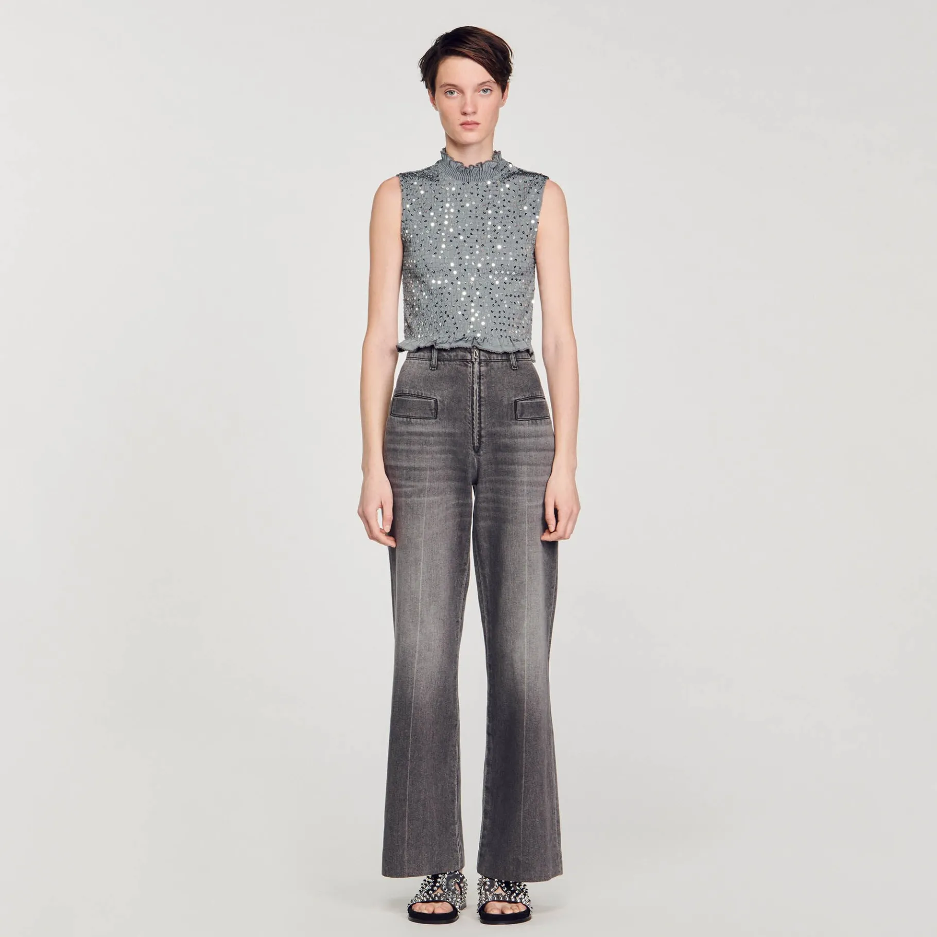 Shop SANDRO Top Smocké à Sequins Gris