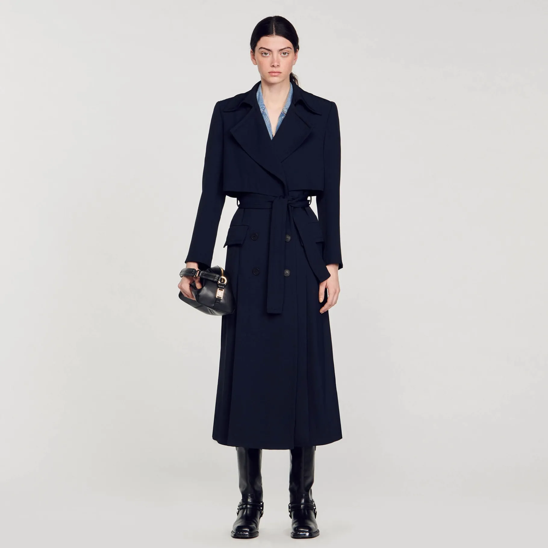 Store SANDRO Trench Long à Découpes Côtés Bleu marine