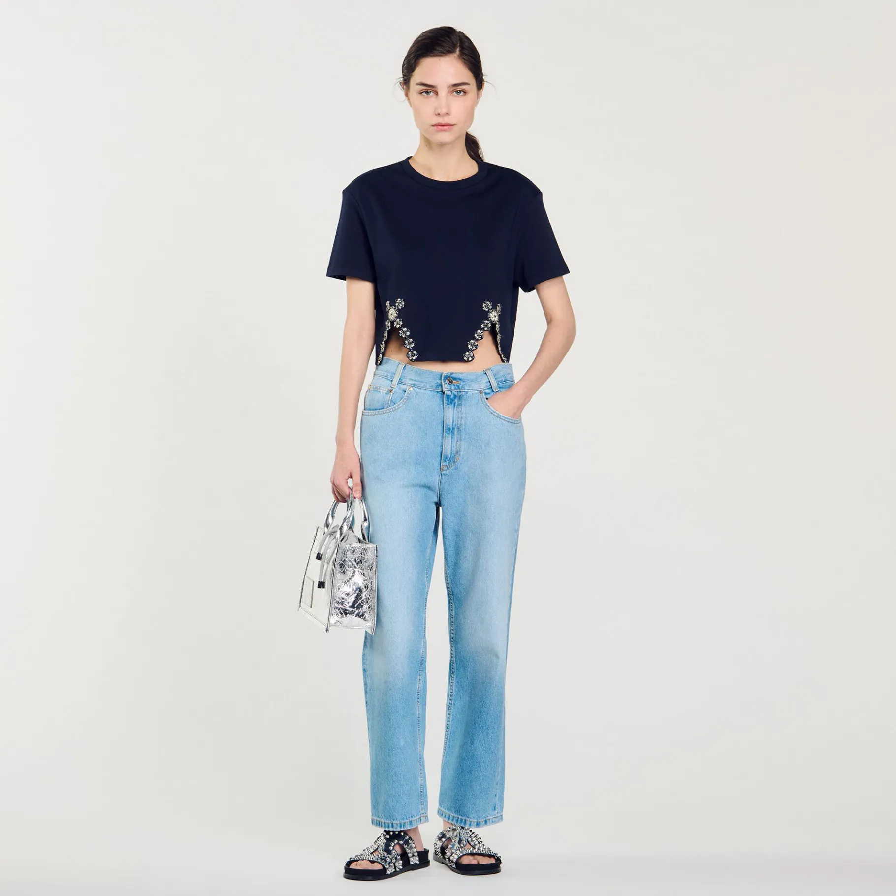 Shop SANDRO T-shirt Court Orné De Strass Bleu marine
