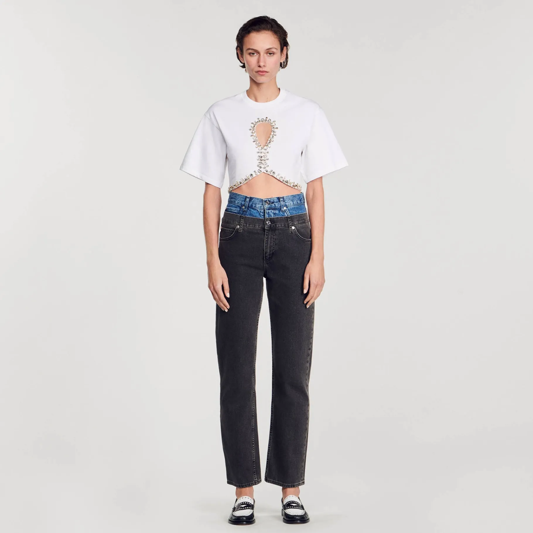 Cheap SANDRO T-shirt Court Strassé blanc