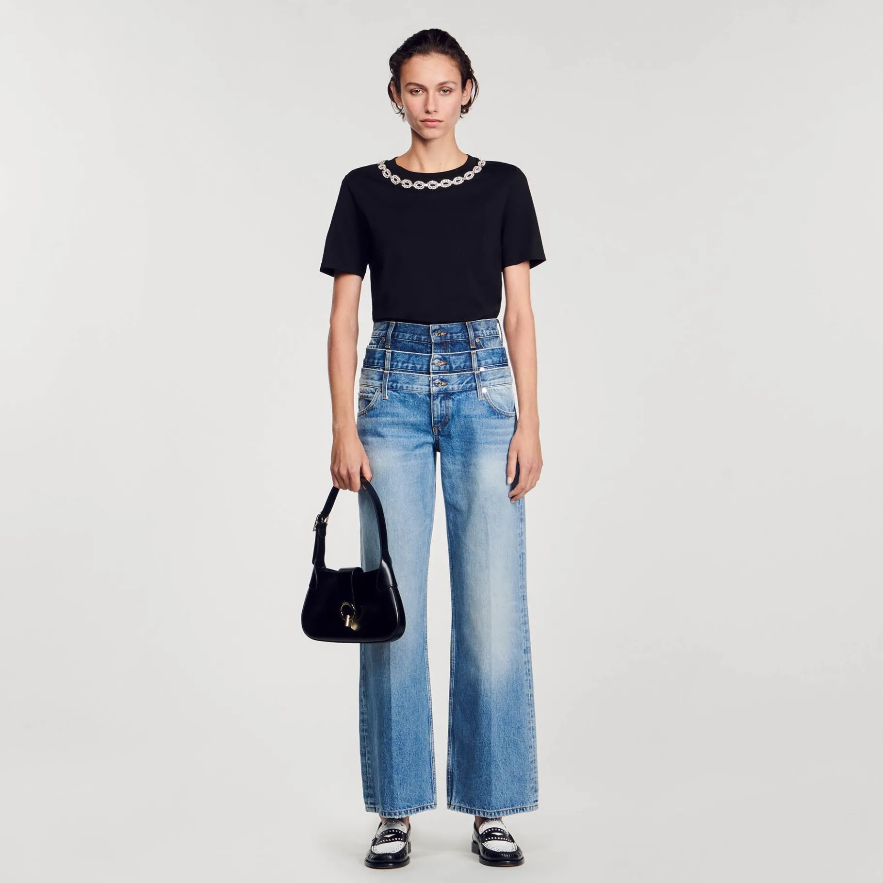 Sale SANDRO T-shirt En Coton Biologique Col Bijou Noir