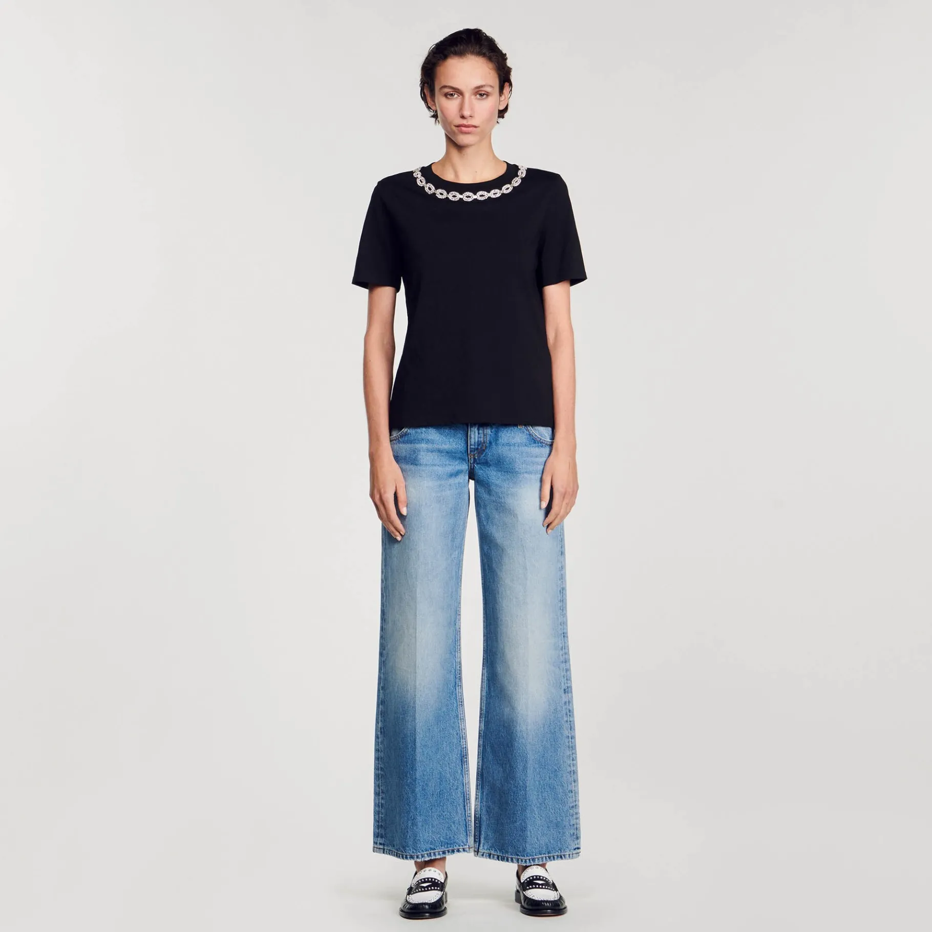 Sale SANDRO T-shirt En Coton Biologique Col Bijou Noir