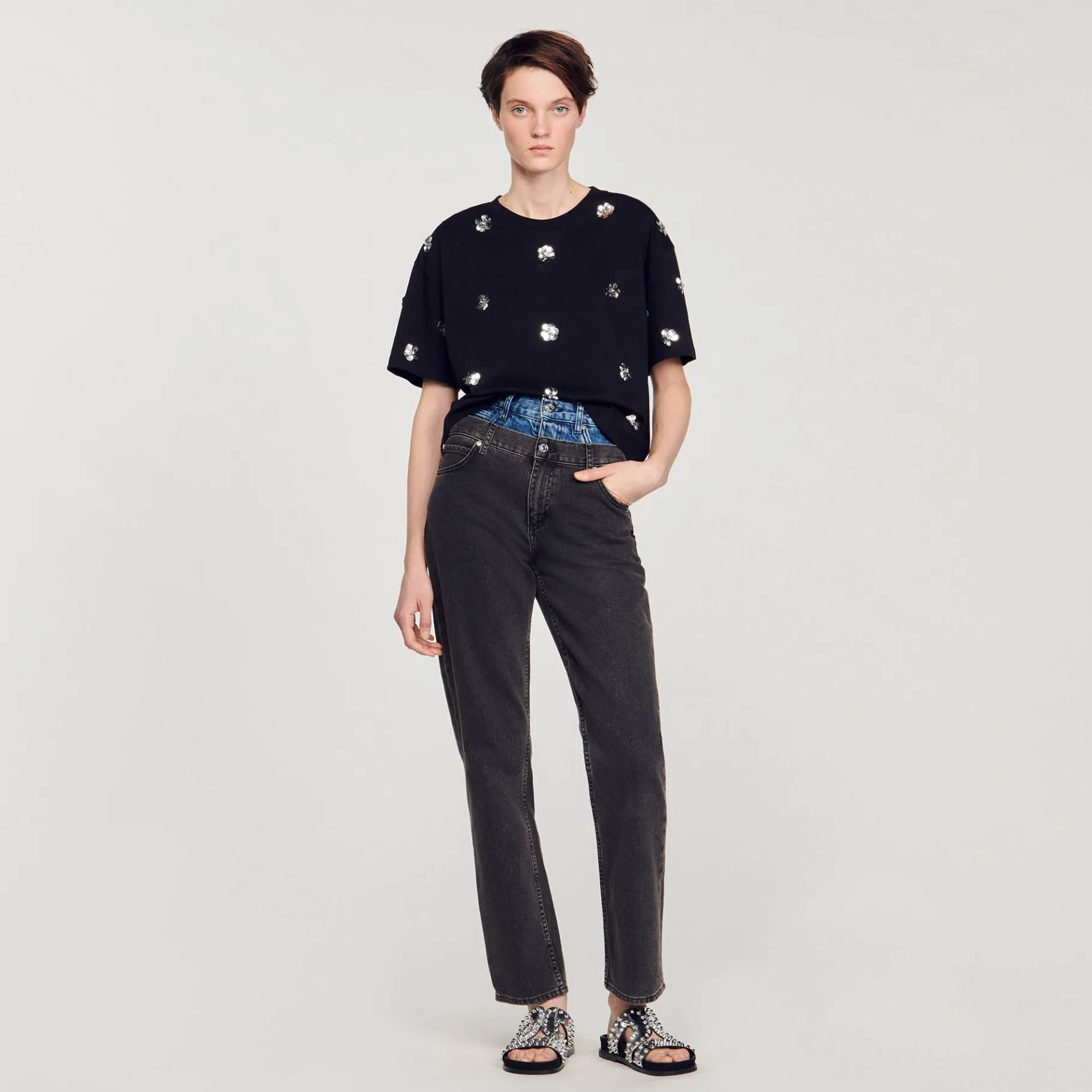 Cheap SANDRO T-shirt Orné De Sequins Fleurs Noir
