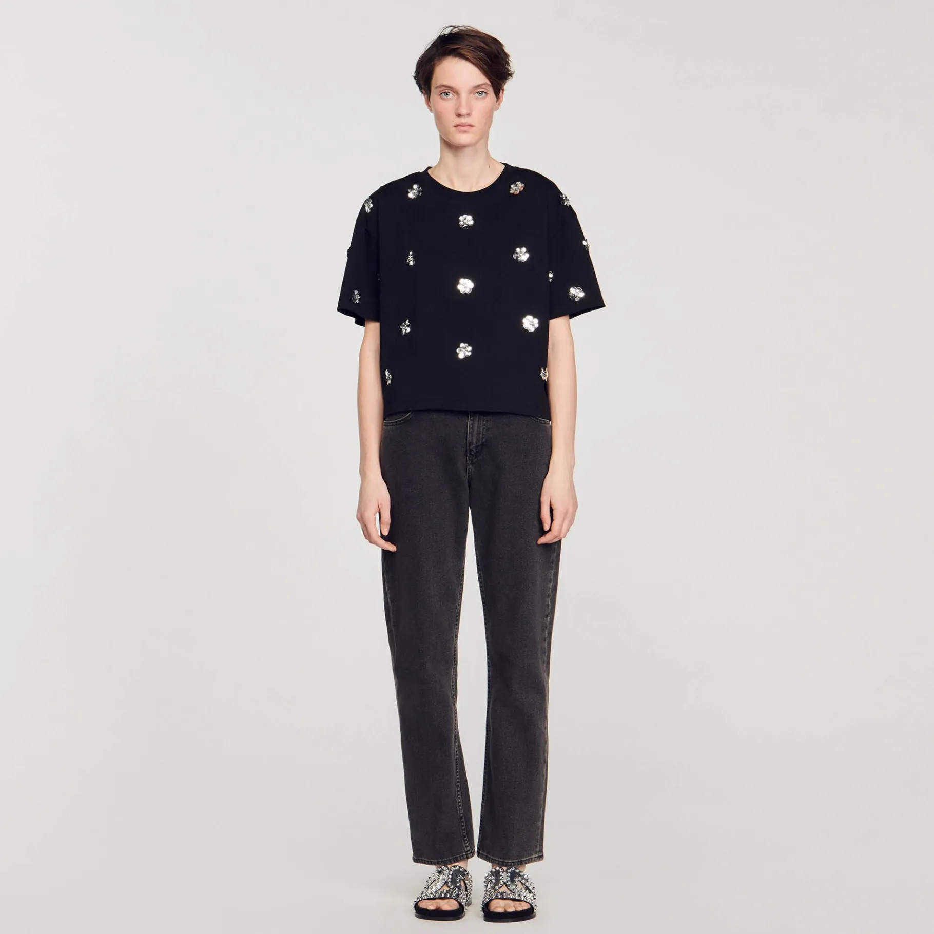 Cheap SANDRO T-shirt Orné De Sequins Fleurs Noir