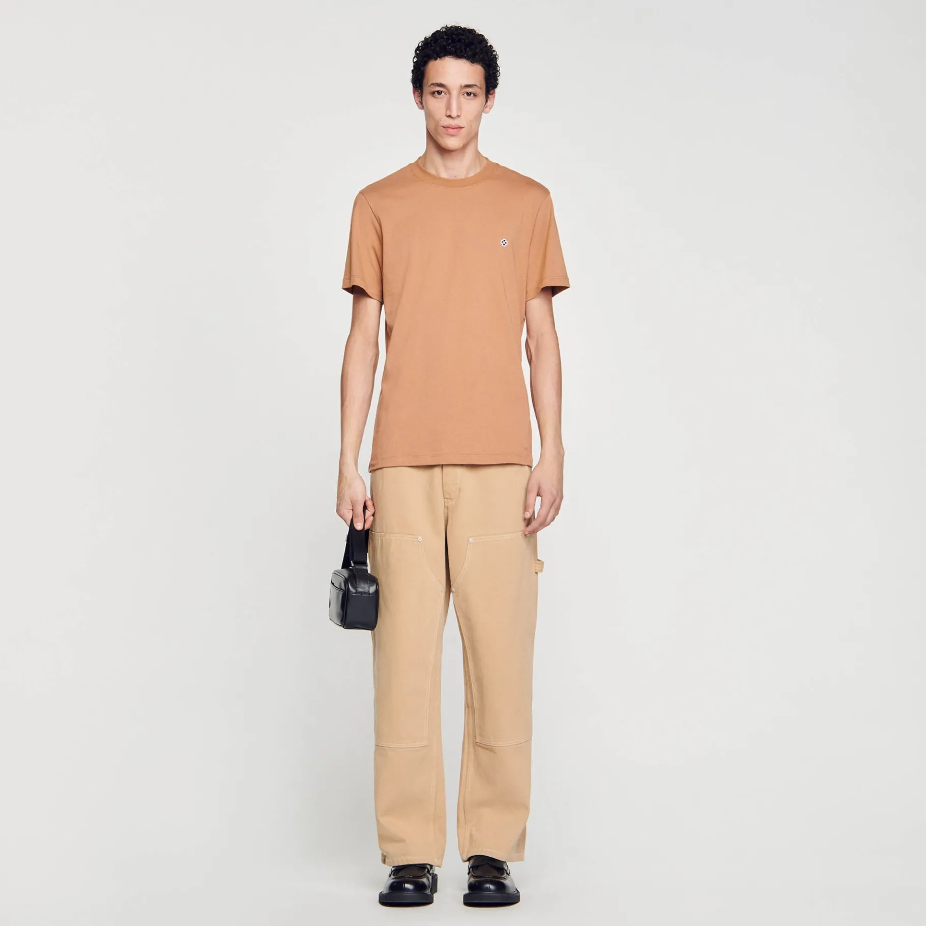 Fashion SANDRO T-shirt Patch Square Cross Tabac
