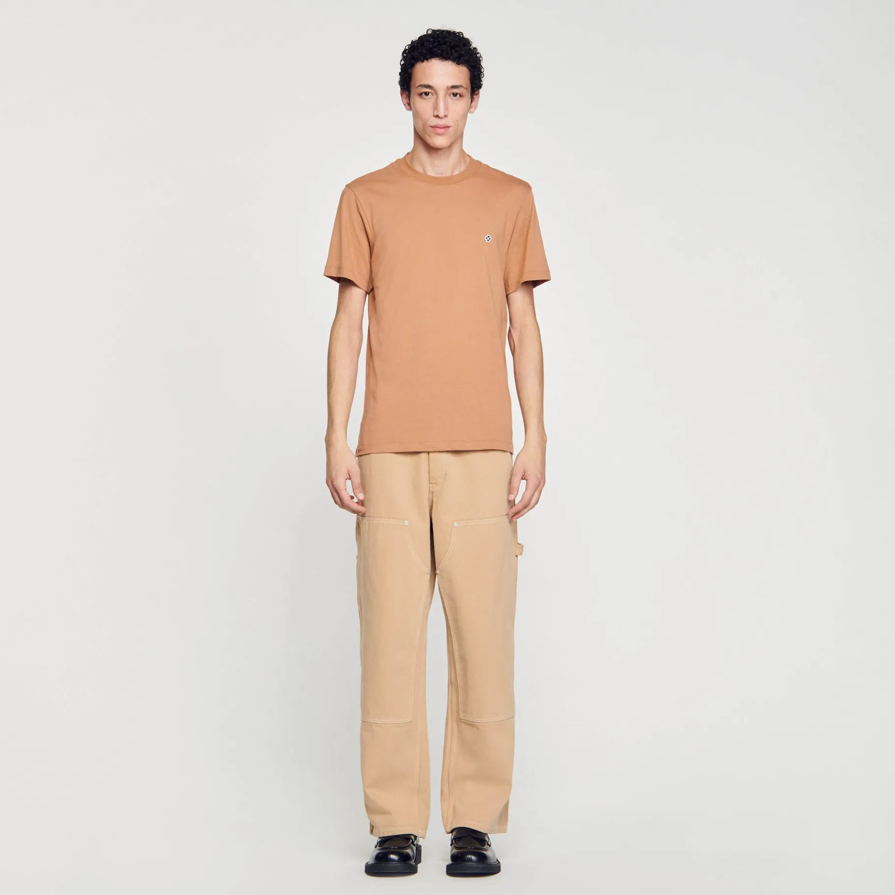 Fashion SANDRO T-shirt Patch Square Cross Tabac