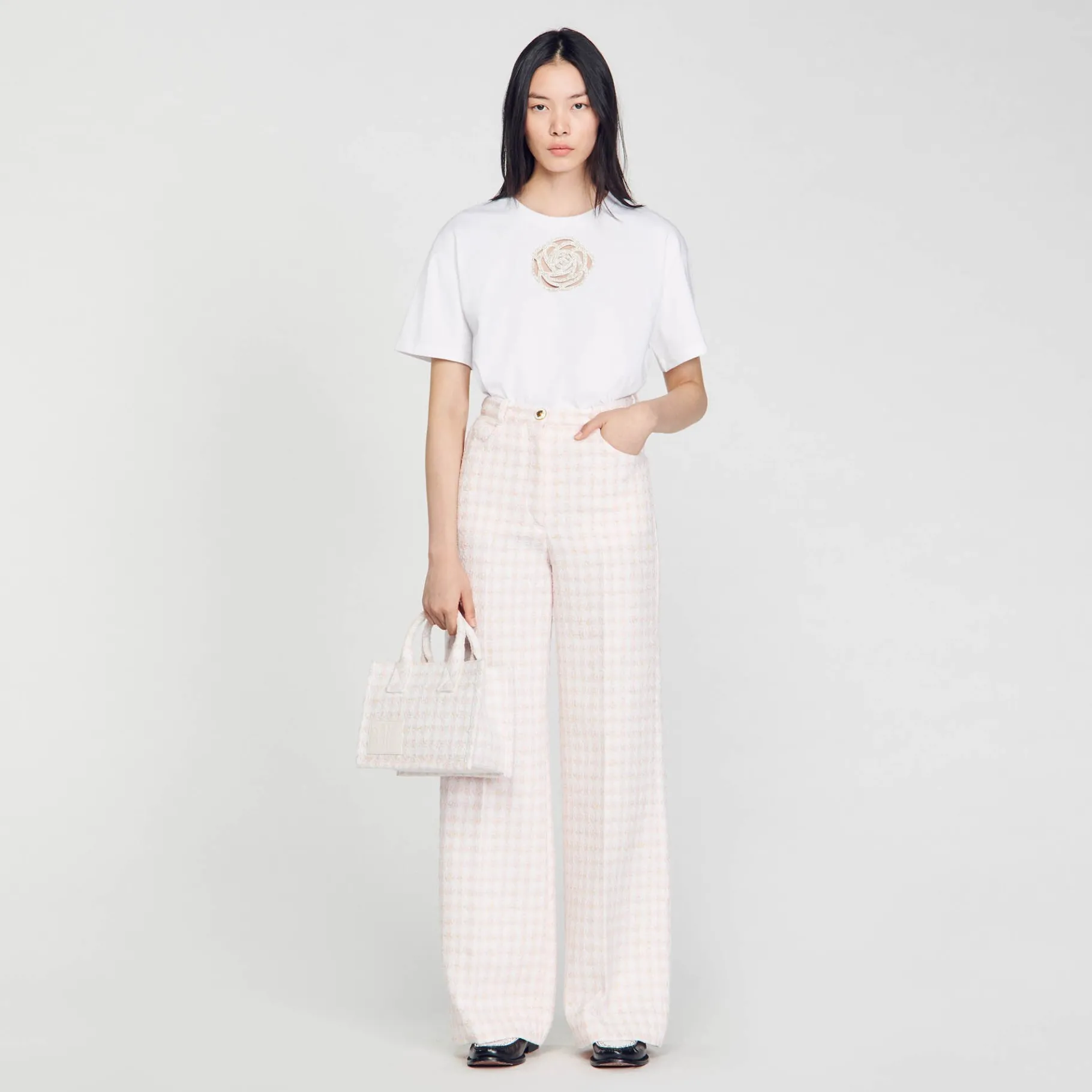 Clearance SANDRO T-shirt Rose Strass blanc