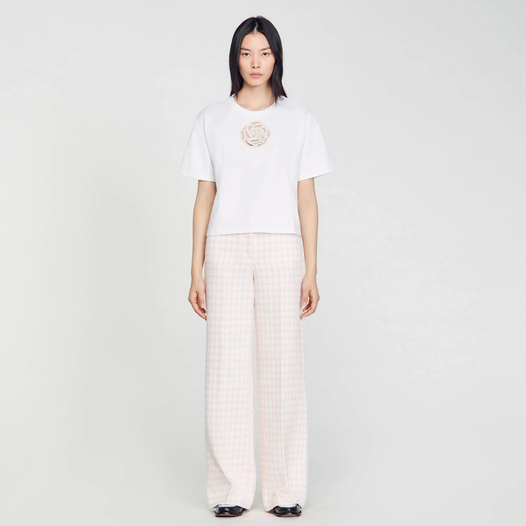 Clearance SANDRO T-shirt Rose Strass blanc