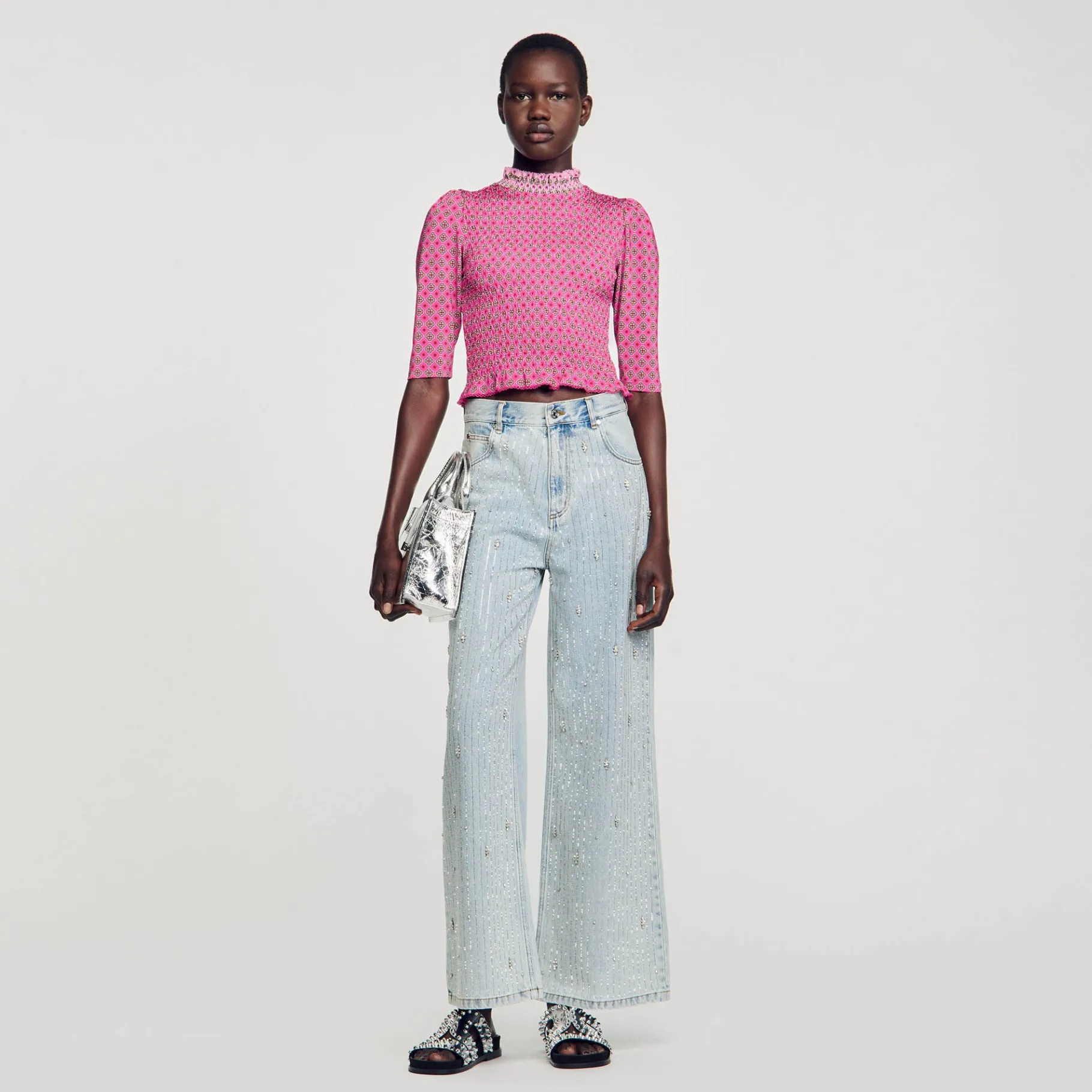 Cheap SANDRO T-shirt Smocké Imprimé Rose