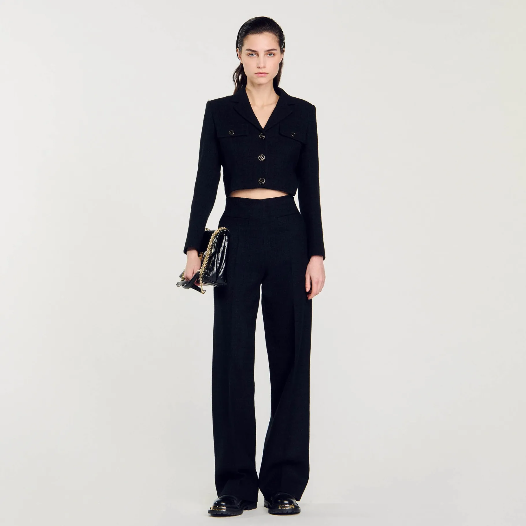 Cheap SANDRO Veste Courte Boutonnée En Tweed Noir