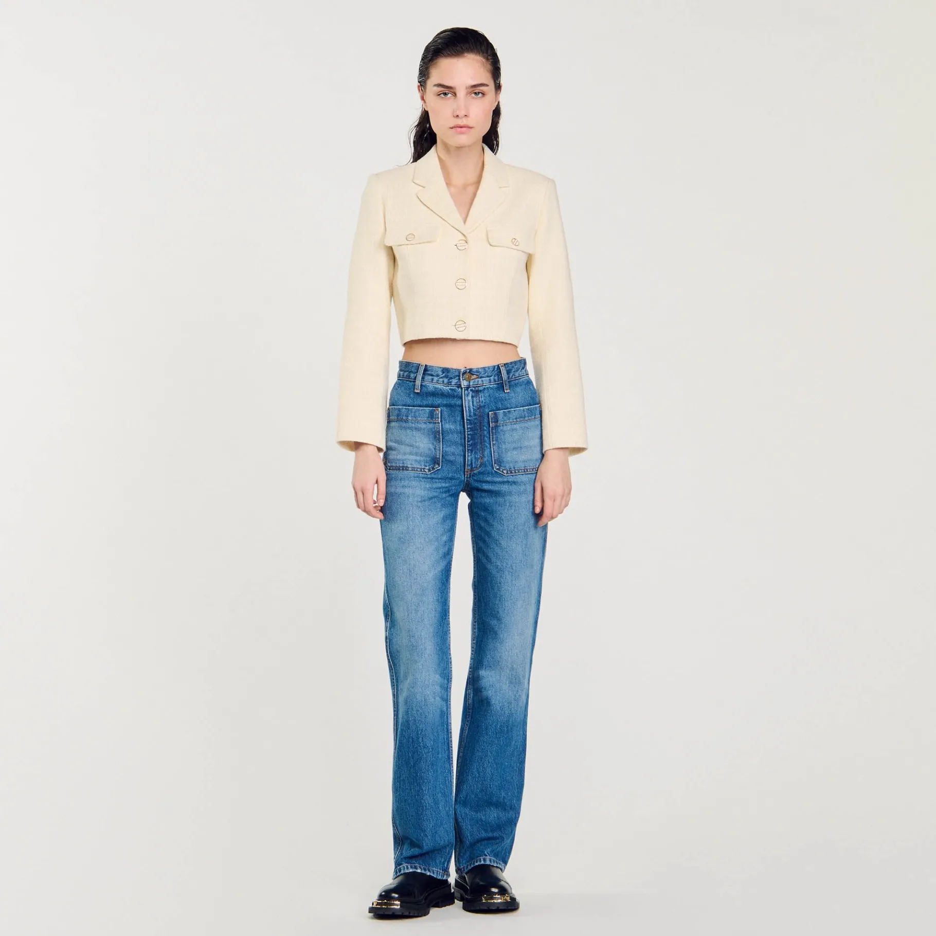 Best Sale SANDRO Veste Courte Boutonnée En Tweed Ecru