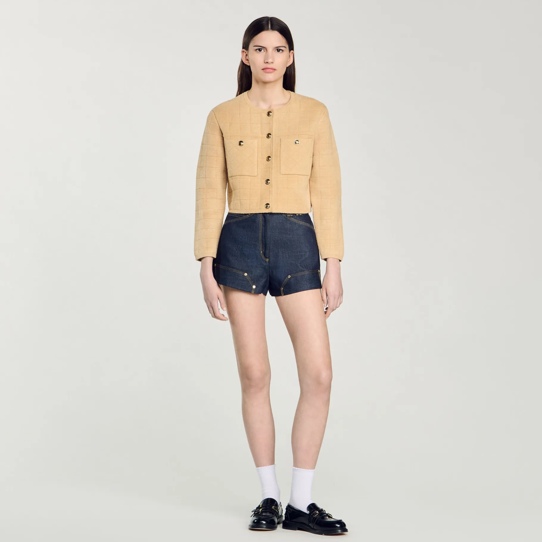 Sale SANDRO Veste Courte En Maille Camel