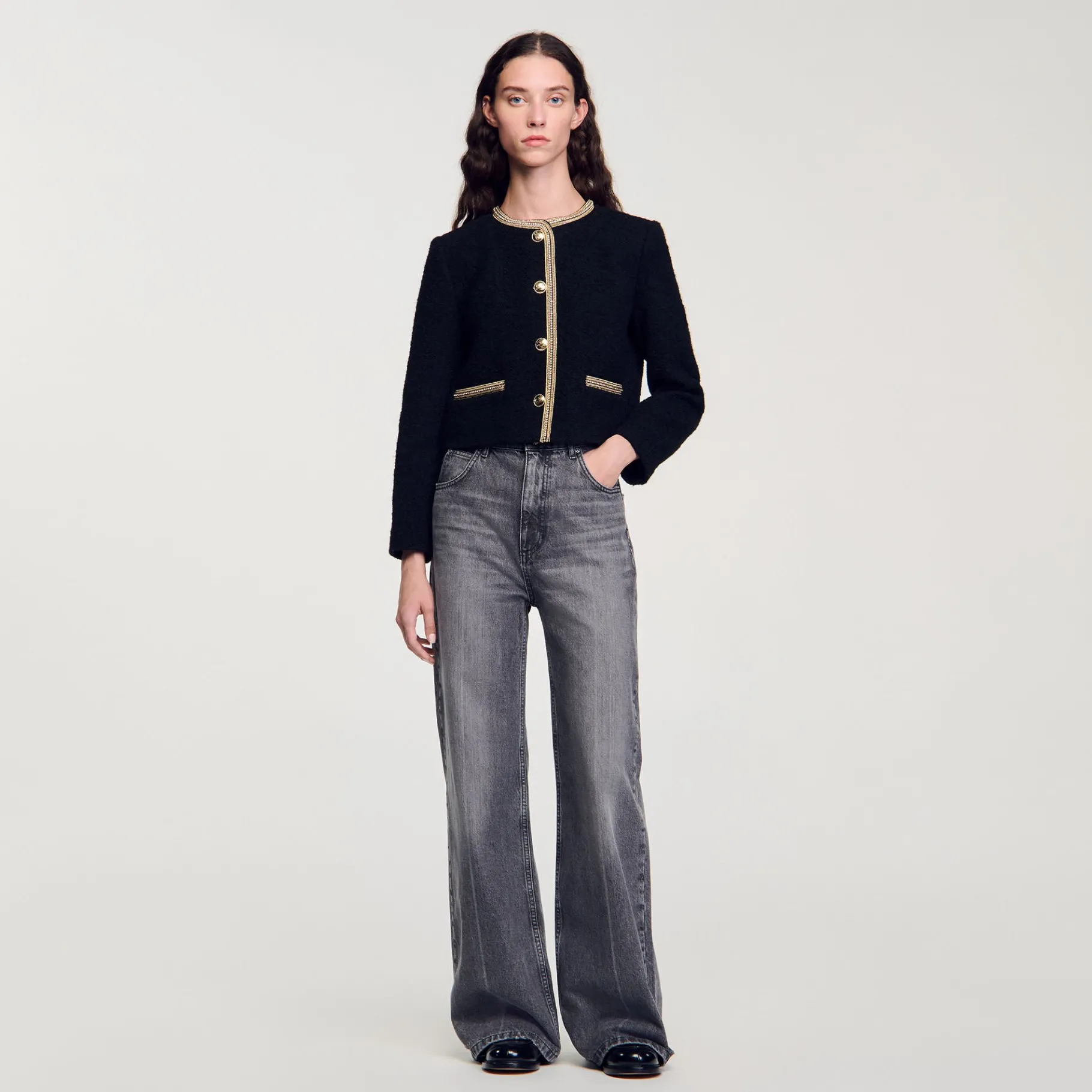 Best Sale SANDRO Veste Courte En Tweed Noir