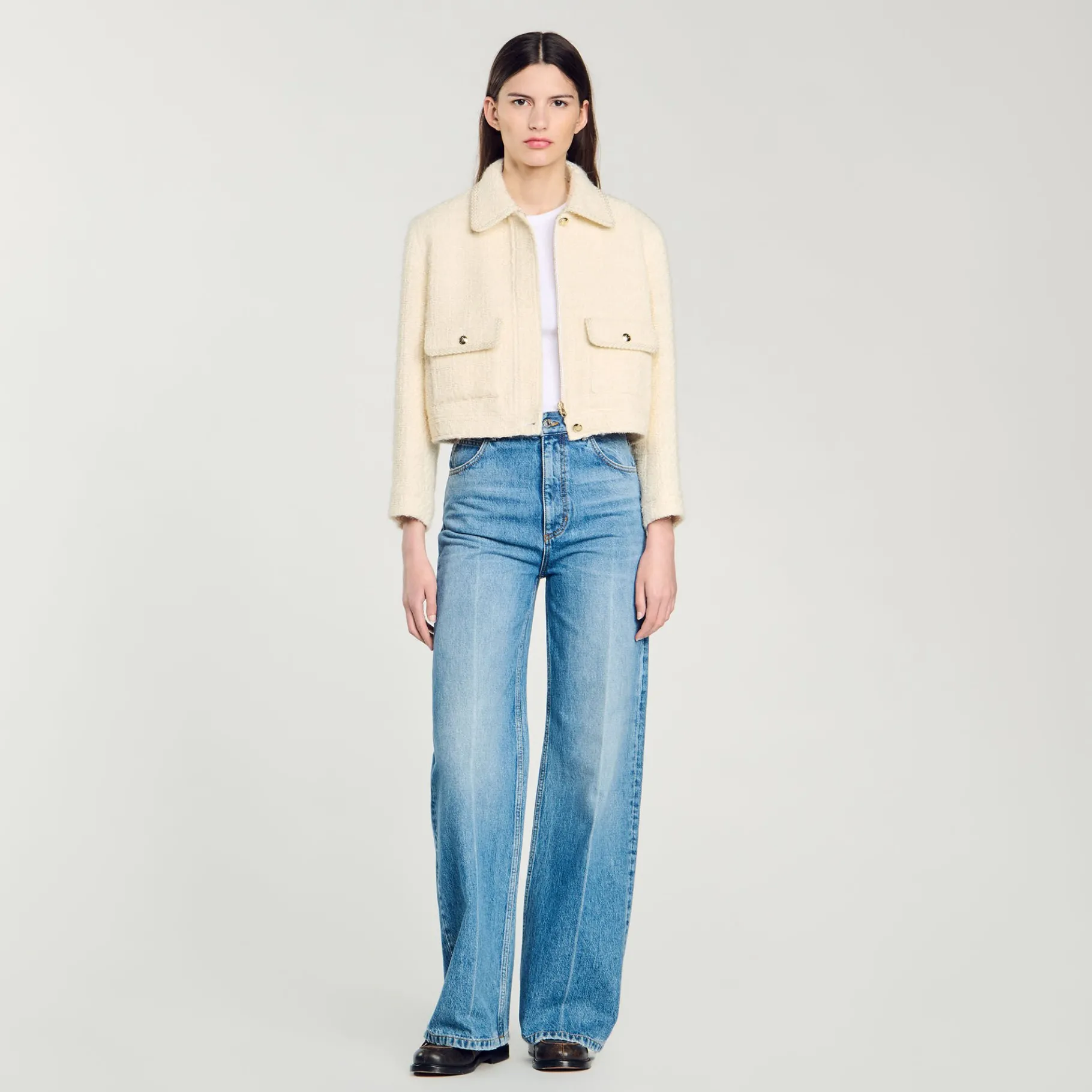 New SANDRO Veste Courte En Tweed Ecru