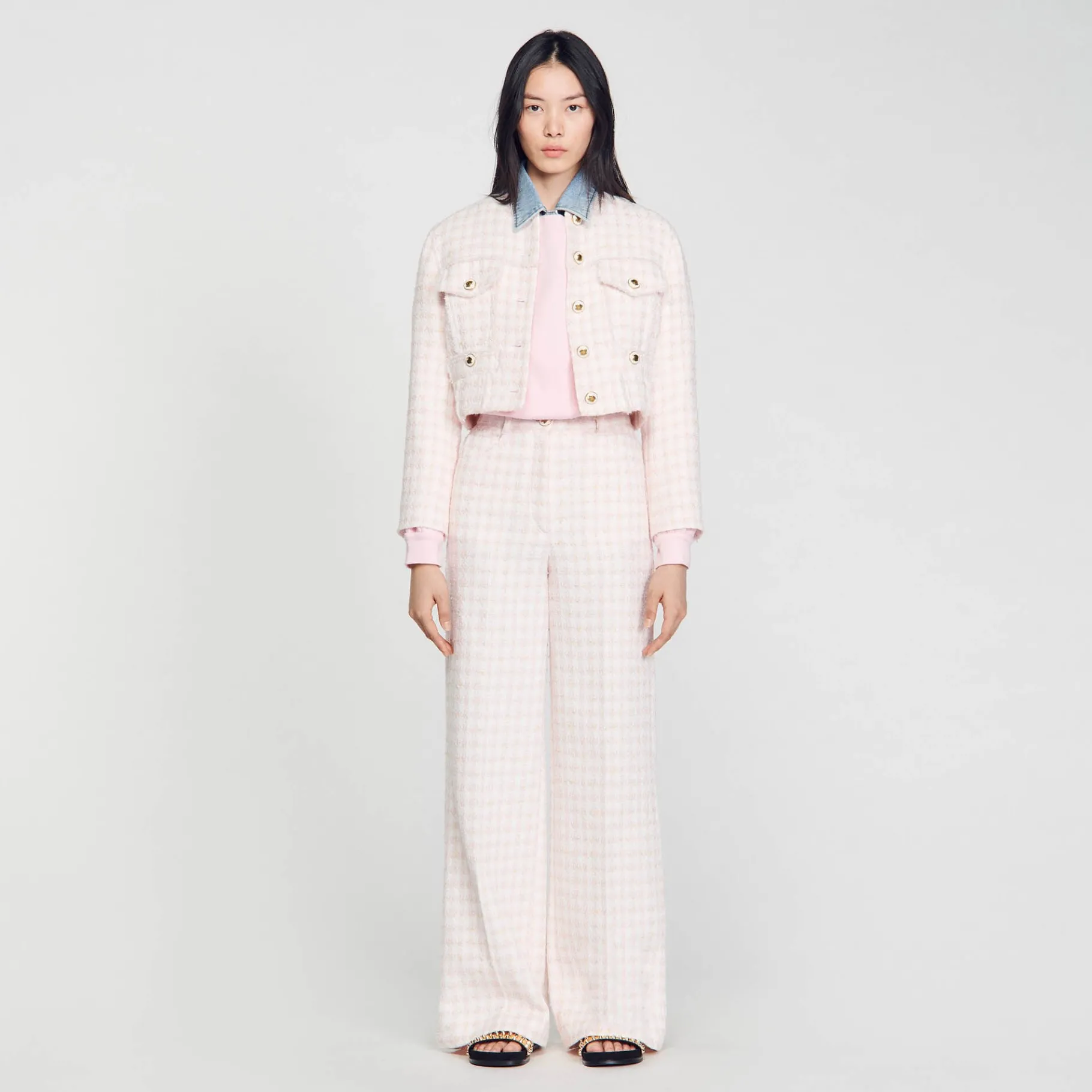 Discount SANDRO Veste Courte En Tweed Fantaisie Rose Clair