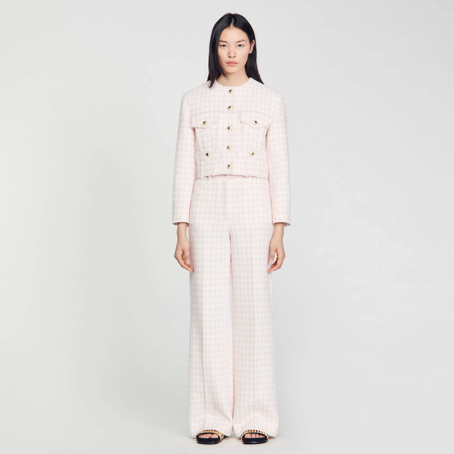 Discount SANDRO Veste Courte En Tweed Fantaisie Rose Clair